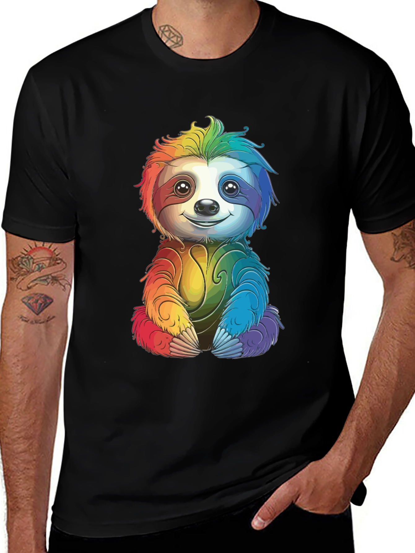 Rainbow Sloth Graphic T-Shirt - Black