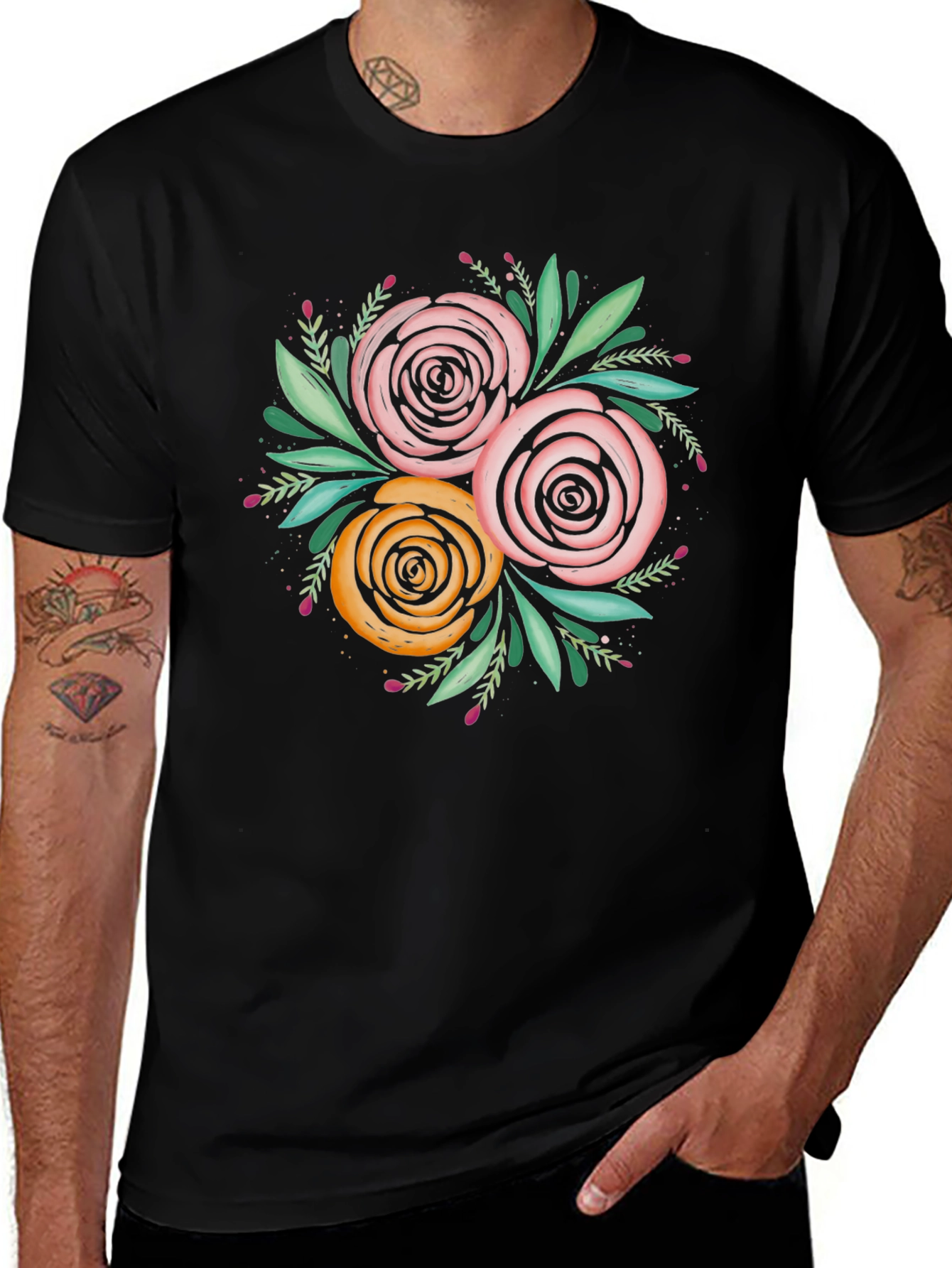 Variant 20 of Floral Print Black T-Shirt for Men