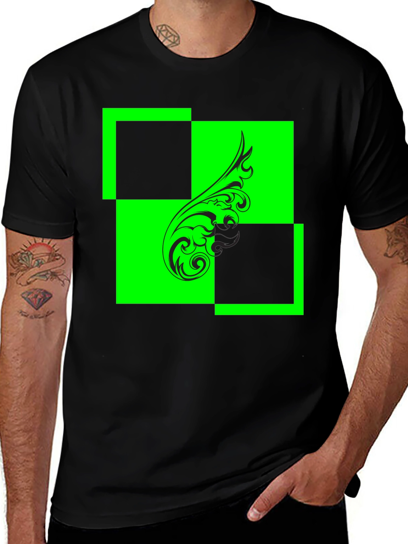Modern Green & Black Checkered T-Shirt with Swirl Design