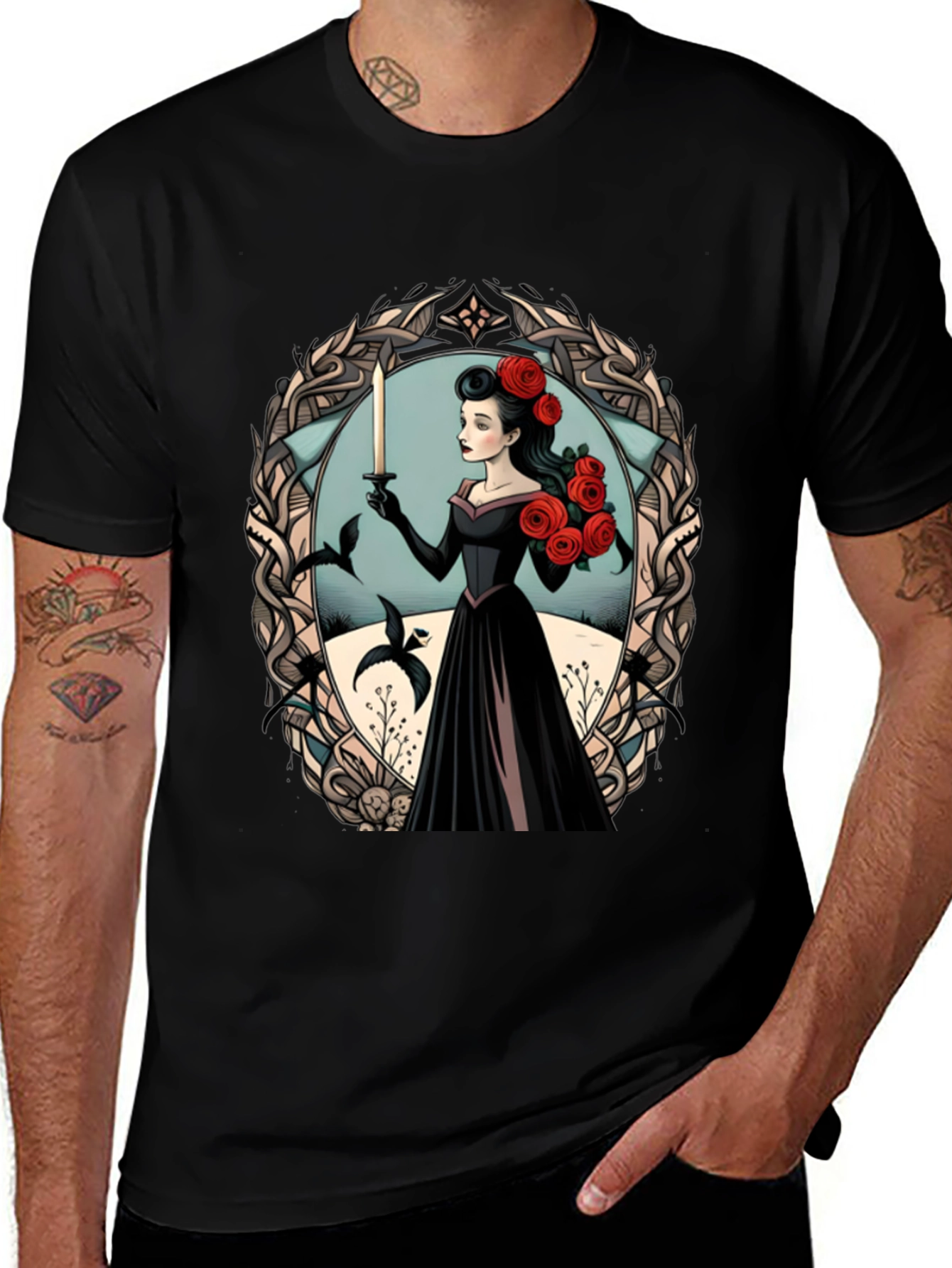 Variant 4 of Gothic Floral Maiden Graphic Tee - Black