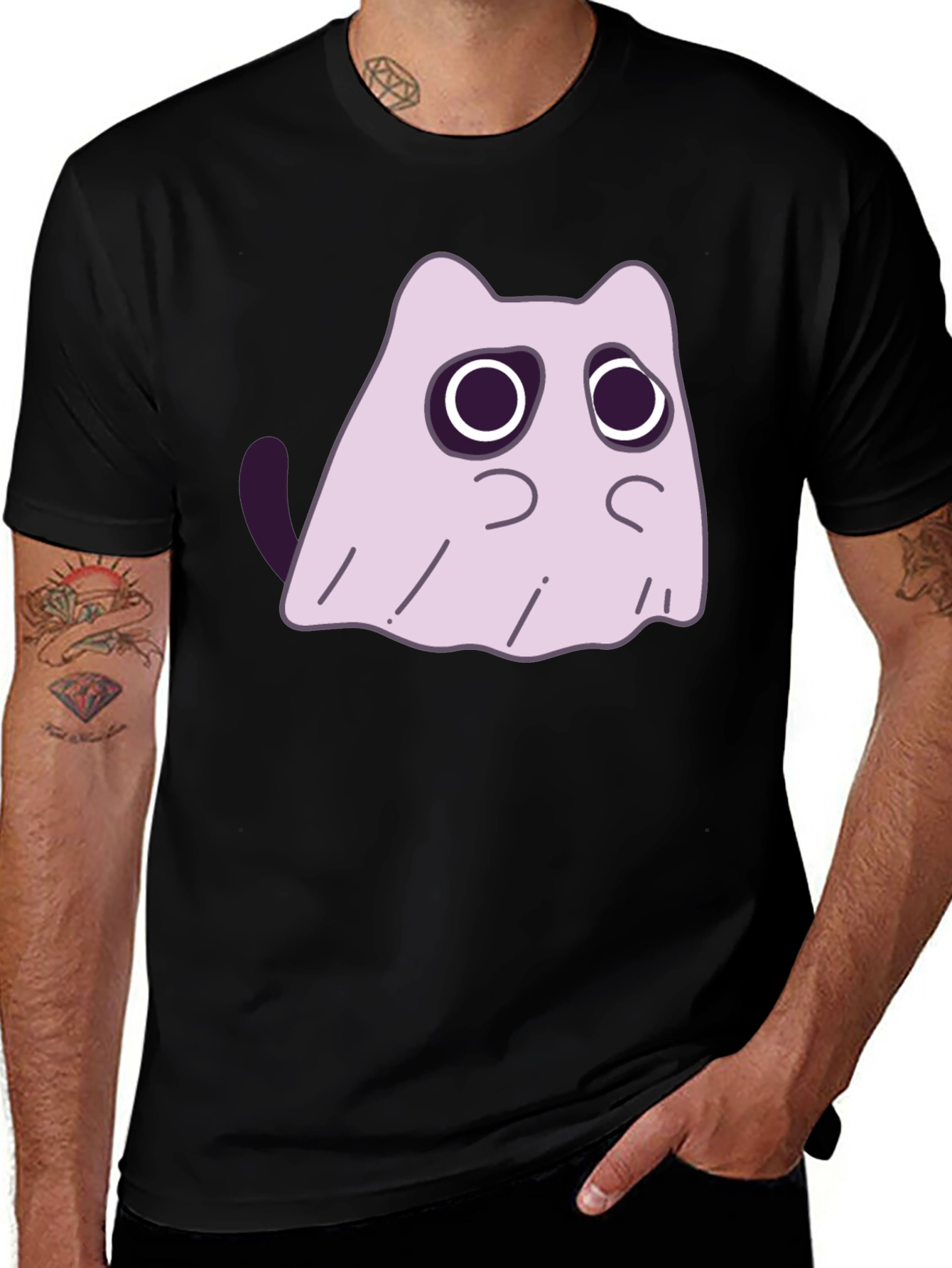 Variant 8 of Ghost Cat Graphic Tee - Spooky Cute Black T-Shirt