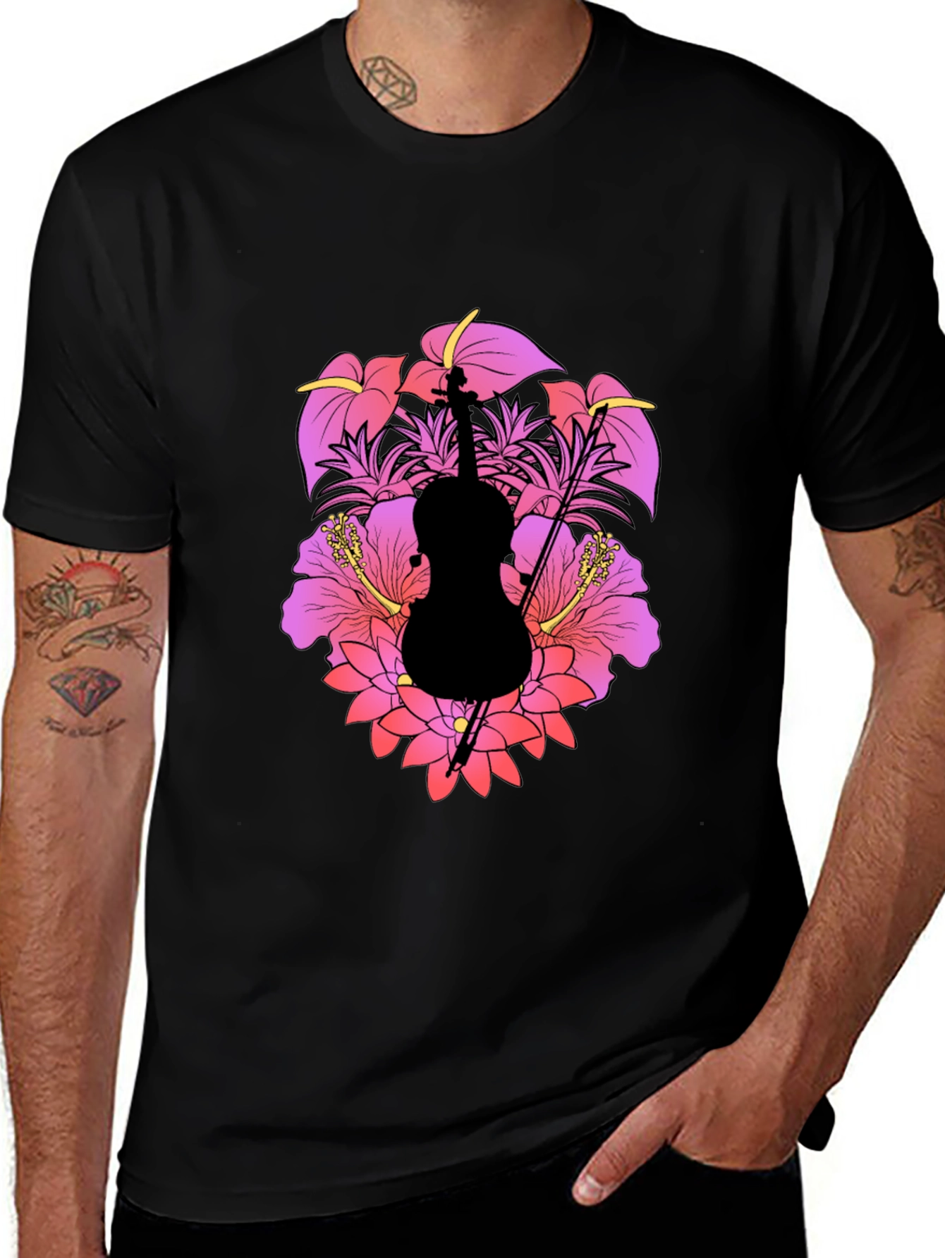 Floral Cello Men's Black T-Shirt