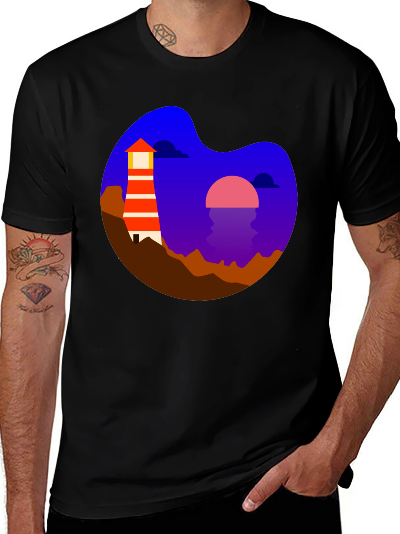Variant 16 of Lighthouse Sunset Graphic Tee - Men's Black T-Shirt