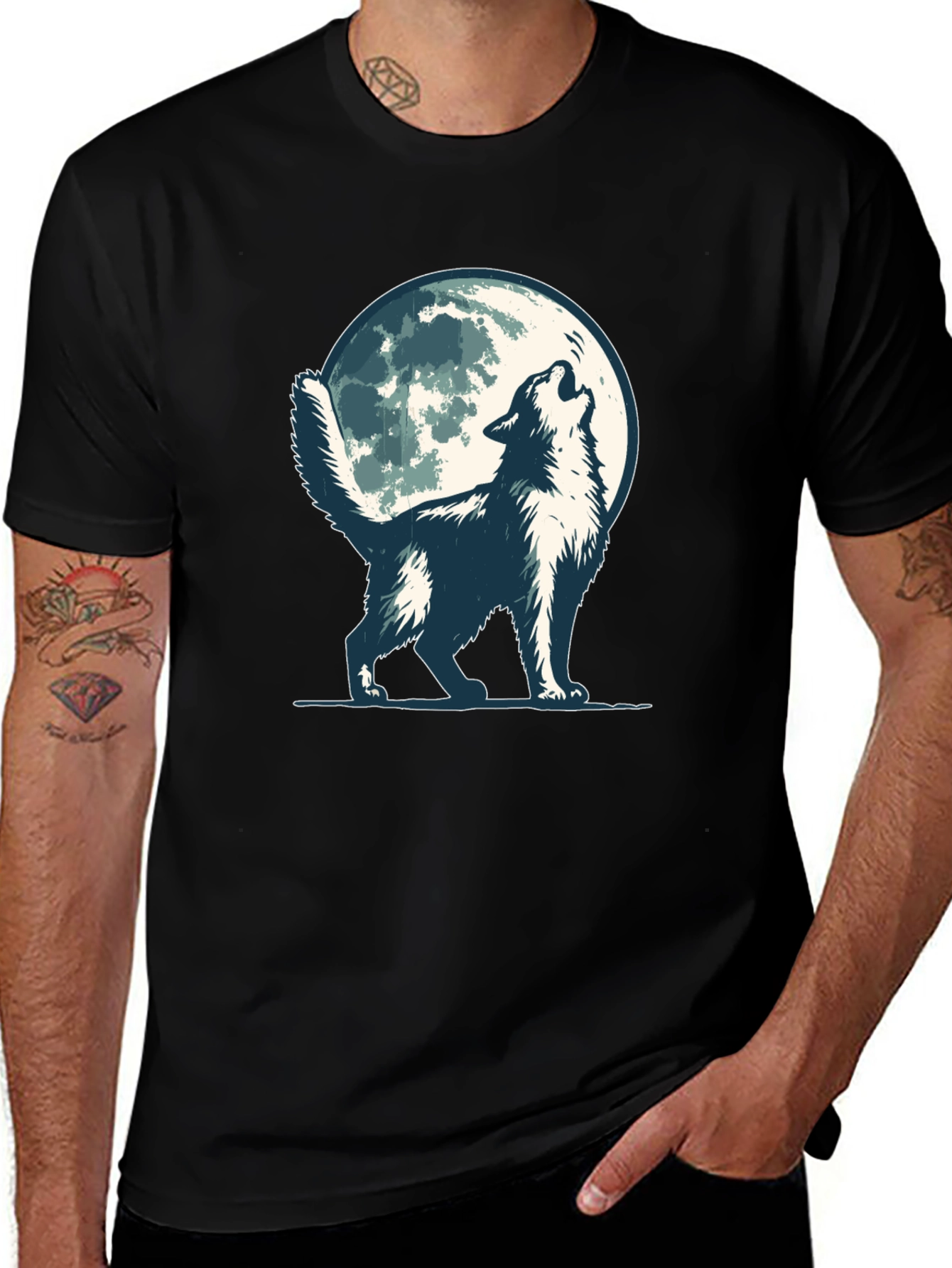 Variant 16 of Wolf Howling at Moon Graphic Tee - Black Cotton Blend