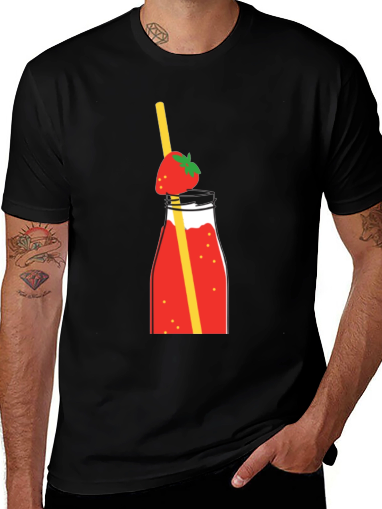Strawberry Smoothie Graphic Tee - Casual Black T-Shirt