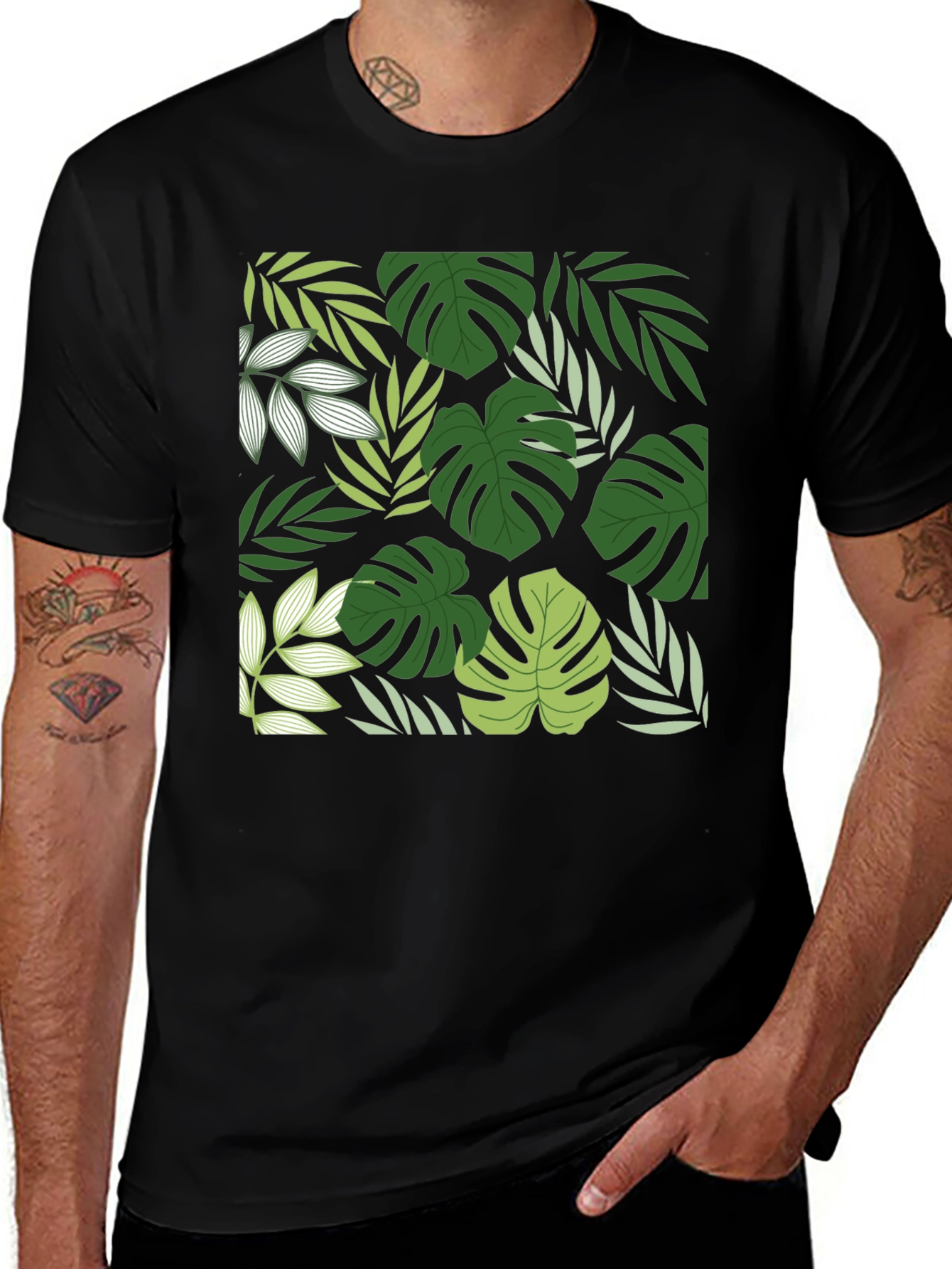 Tropical Leaf Print Black T-Shirt