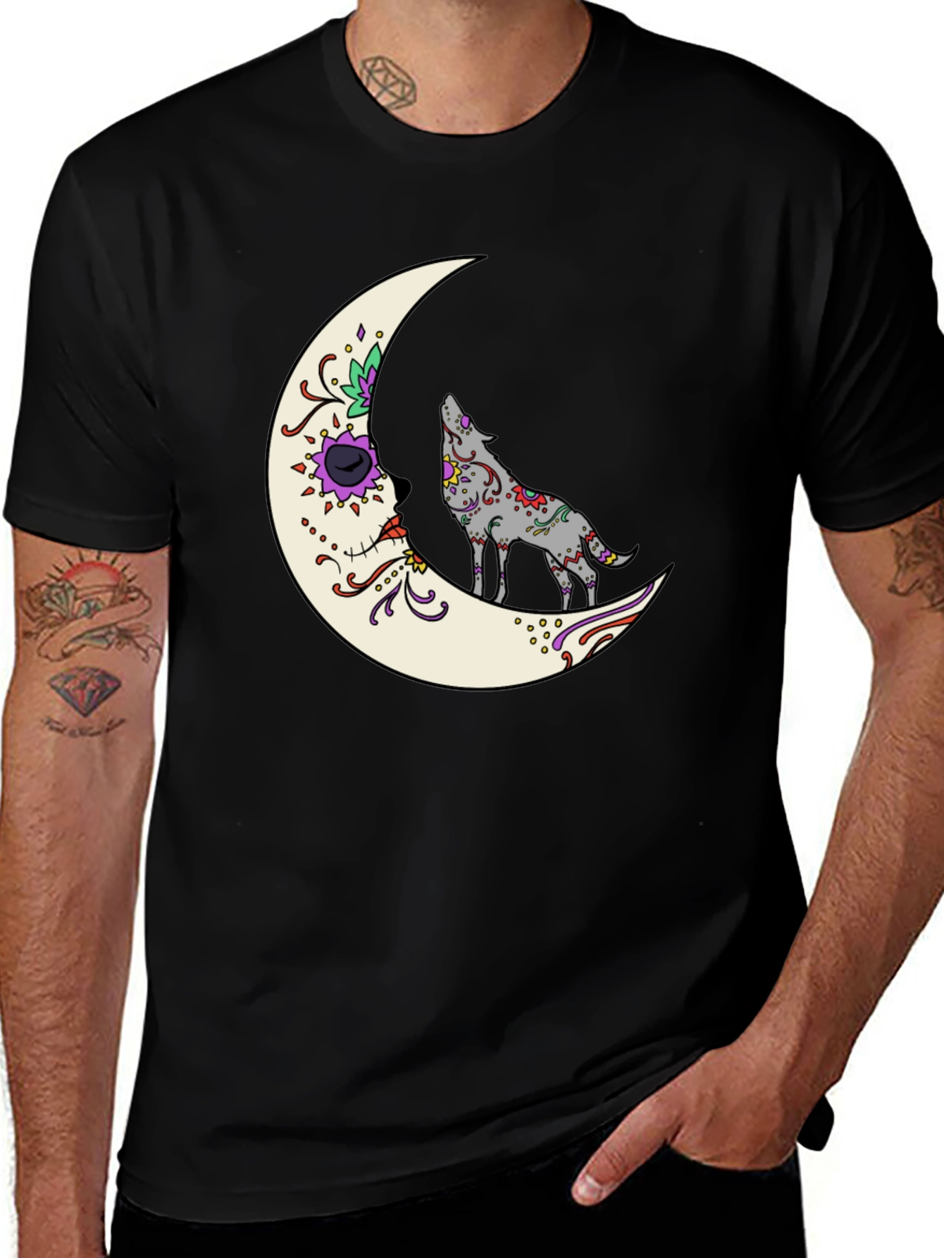 Variant 5 of Wolf Moon Graphic Tee - Black Cotton Shirt