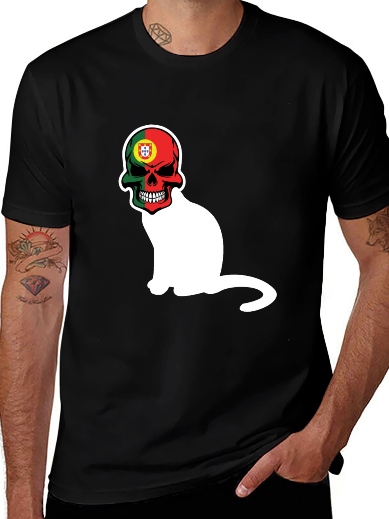 Black Portugal Skull Cat Graphic Tee - Men's Black T-Shirt main image