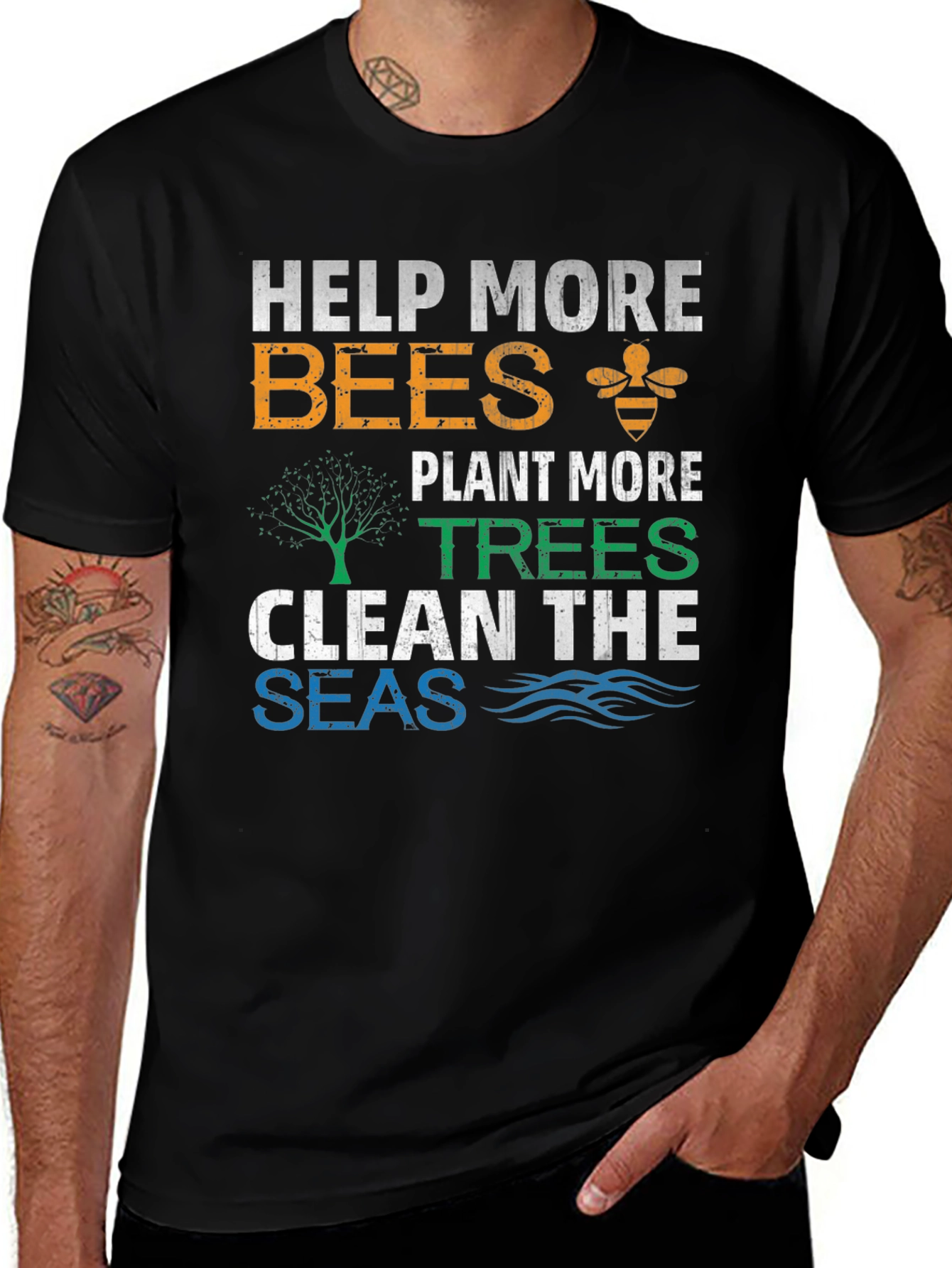 Variant 11 of Eco-Friendly Graphic Tee: Help Bees, Plant Trees, Clean Seas