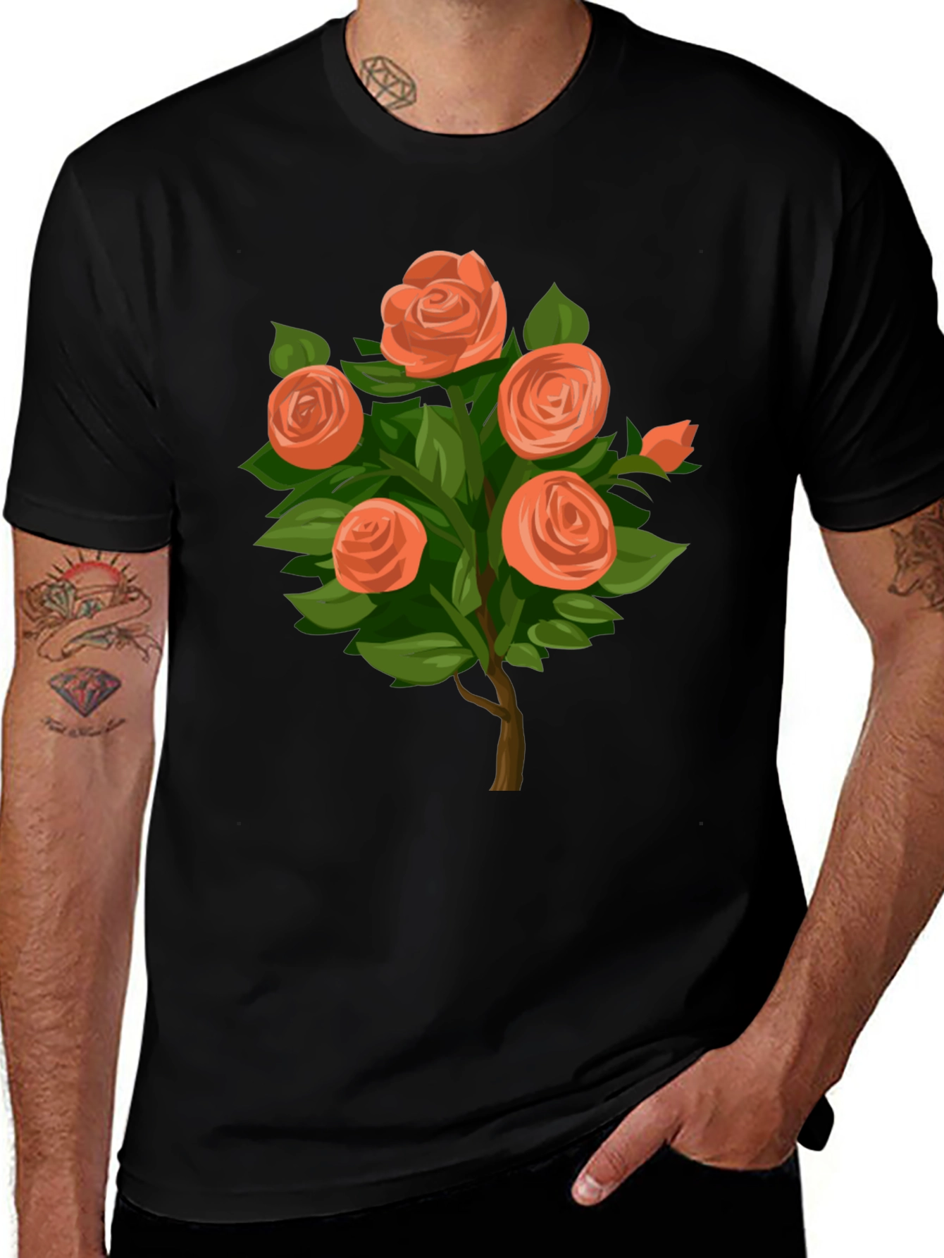 Variant 26 of Floral Rose Bush Graphic Black T-Shirt