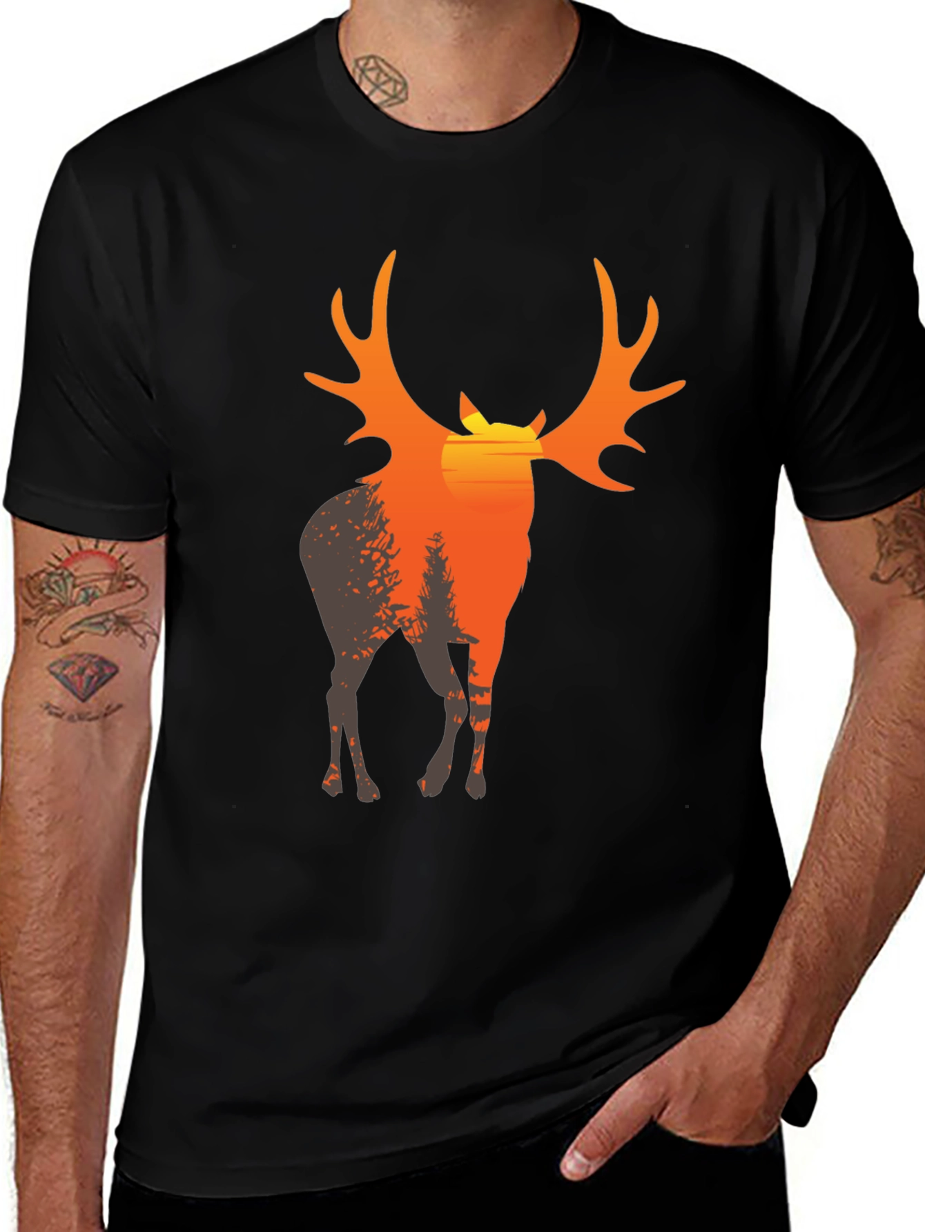 Variant 3 of Men's Black T-Shirt with Deer Sunset Graphic