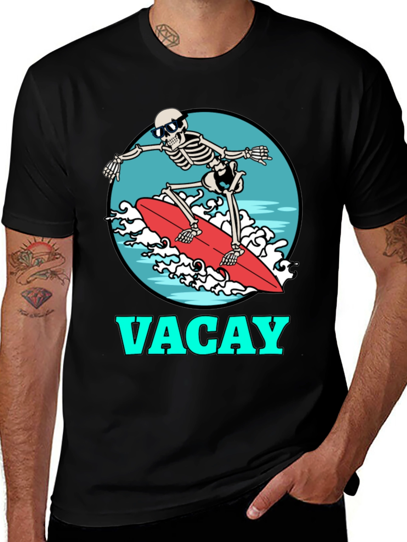 Variant 18 of Vacay Skeleton Surfing T-Shirt - Black Graphic Tee