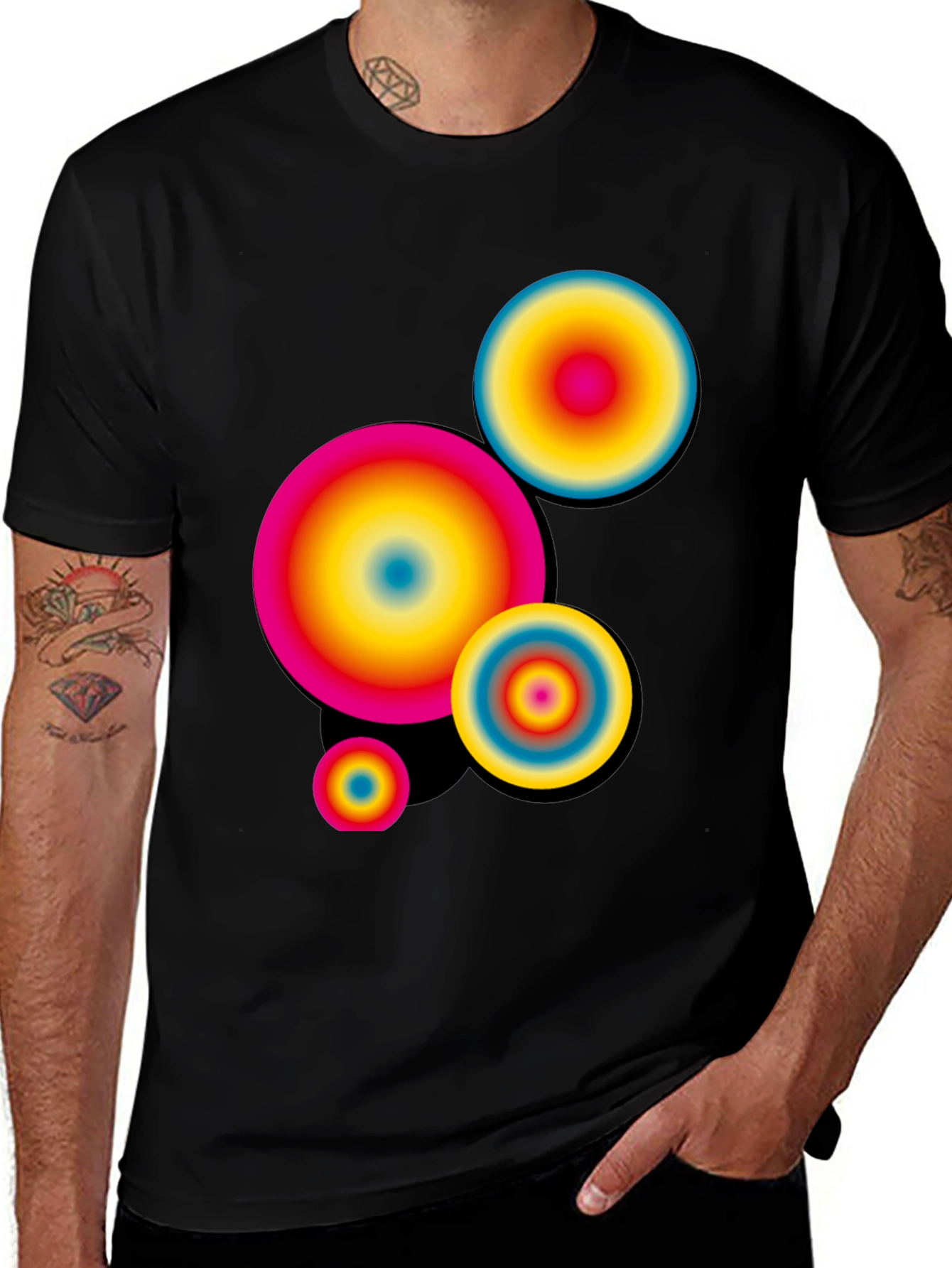 Variant 29 of Men's Black T-Shirt with Colorful Circles Design