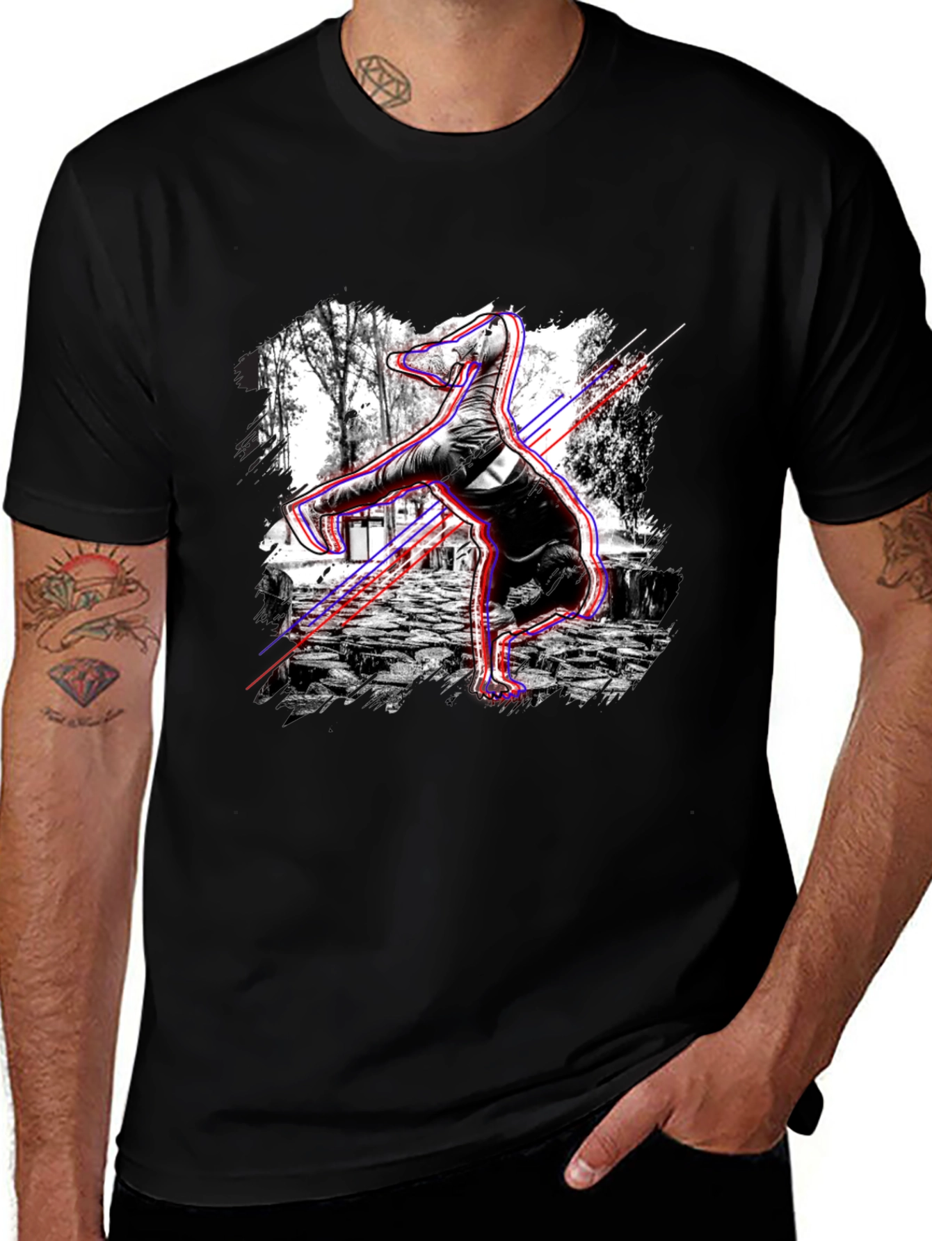 Variant 20 of Graphic Black T-Shirt - Breakdancing Dinosaur