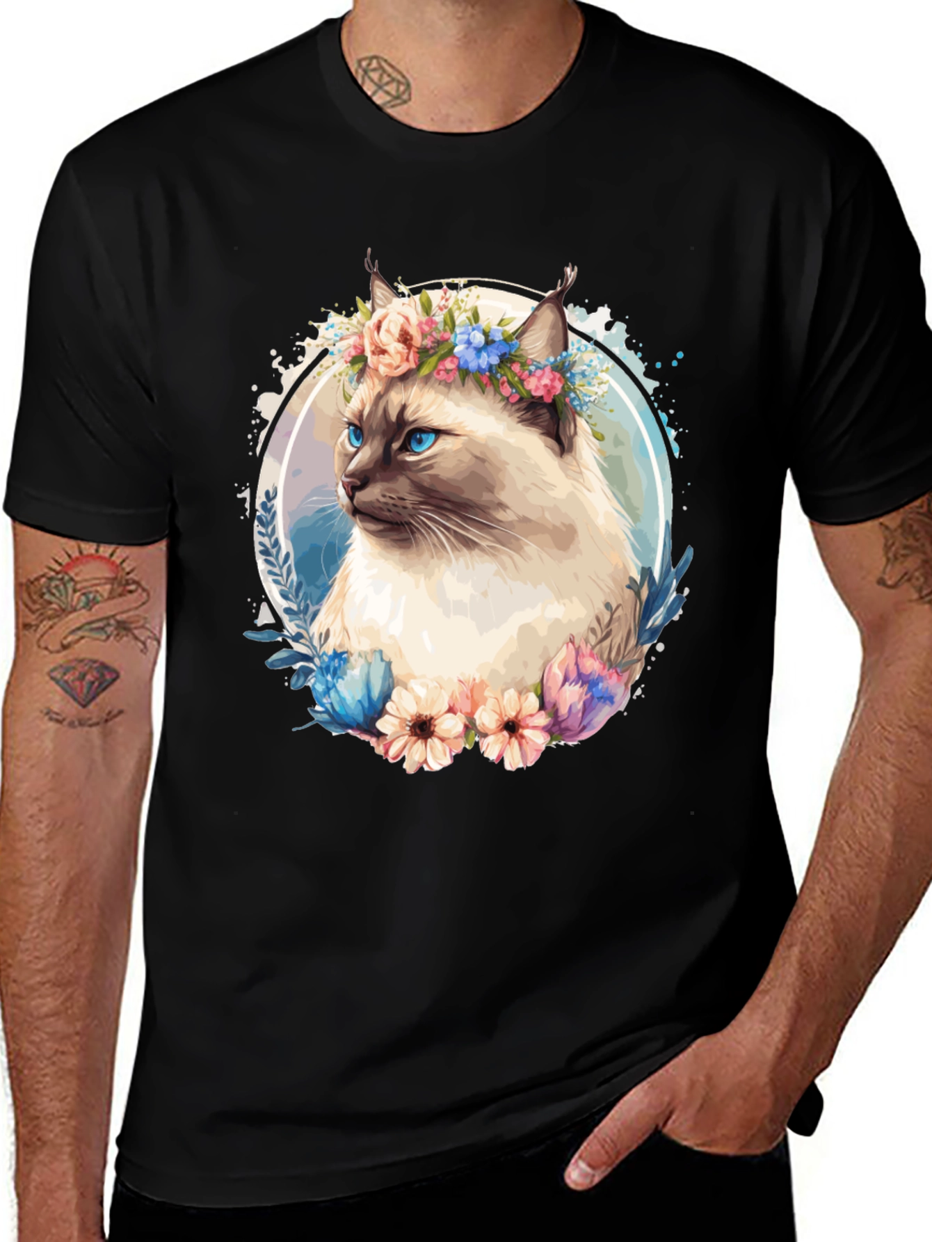 Variant 21 of Cat with Flowers Black T-Shirt
