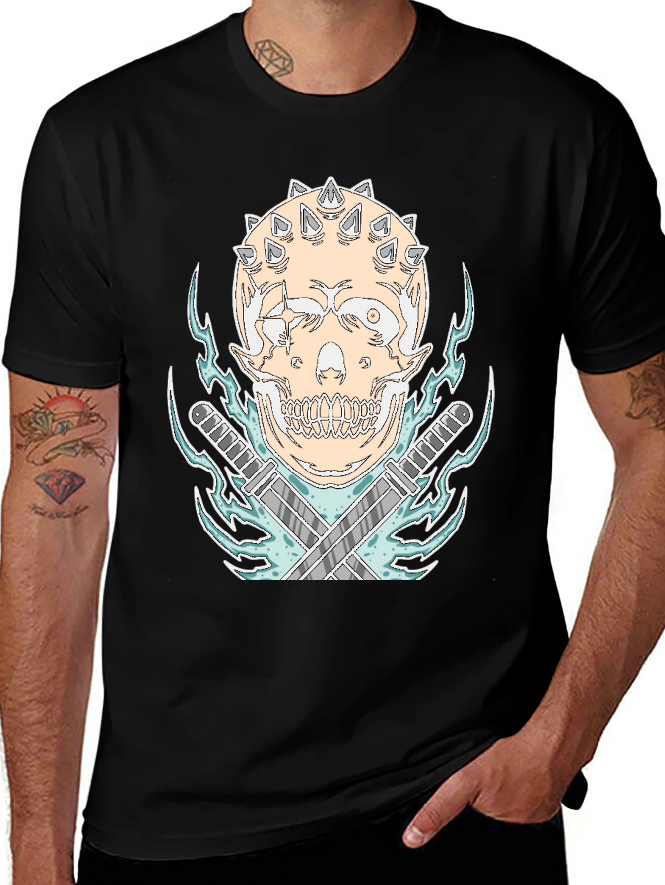 Variant 6 of Edgy Skull & Swords Graphic Tee - Black
