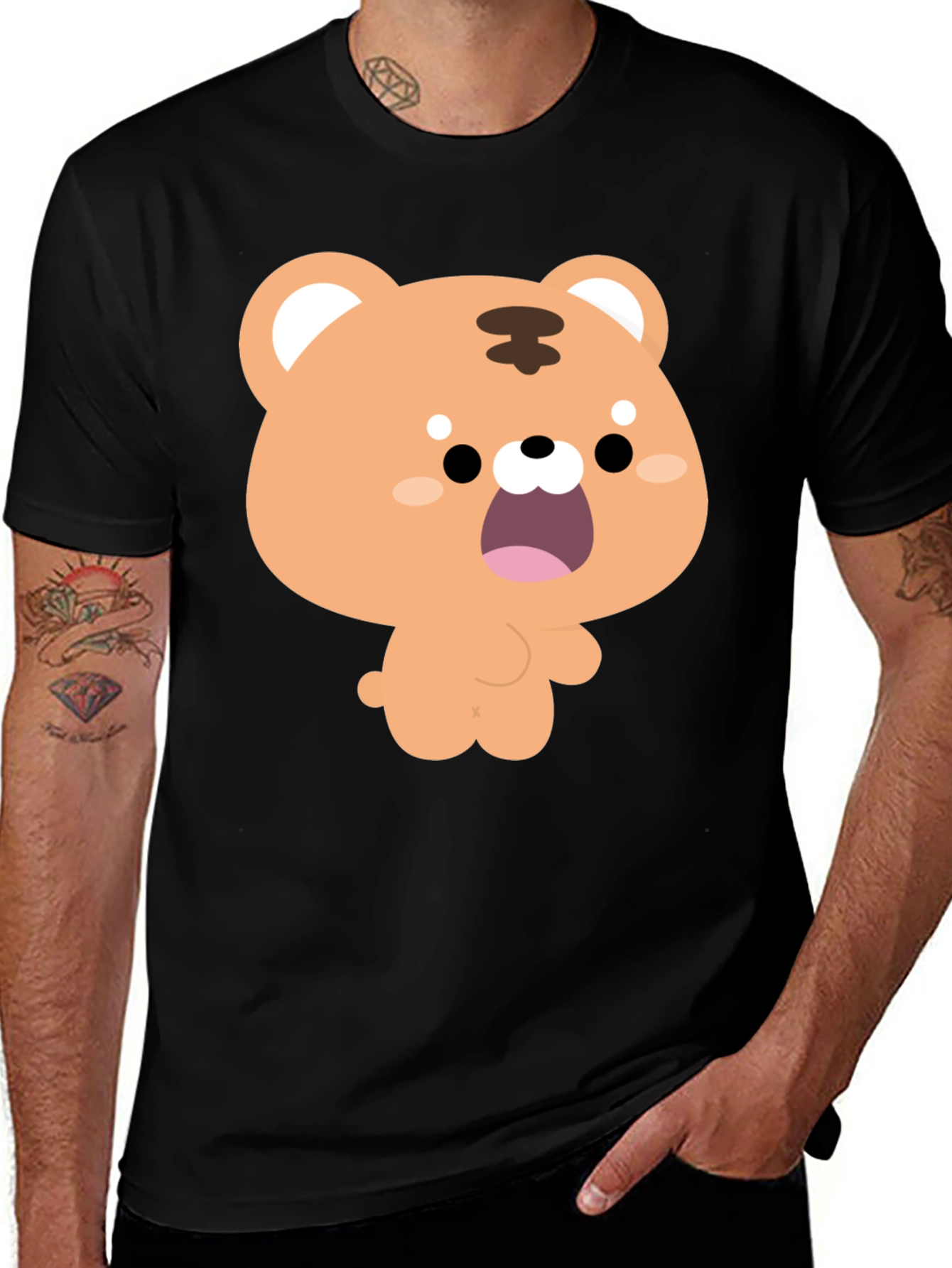 Cute Cartoon Tiger Graphic Black T-Shirt