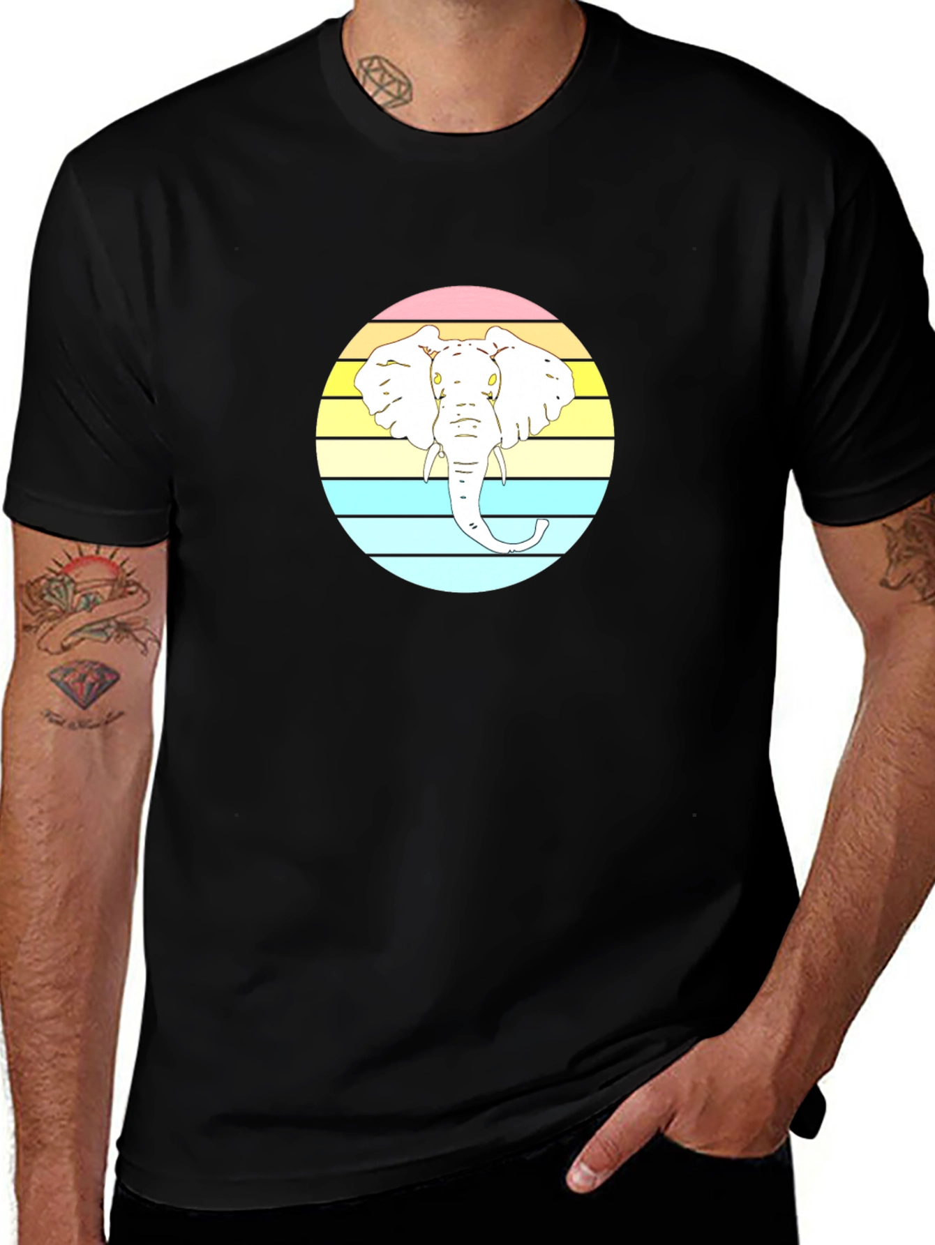 Variant 29 of Elephant Graphic Tee - Striped Circle Design