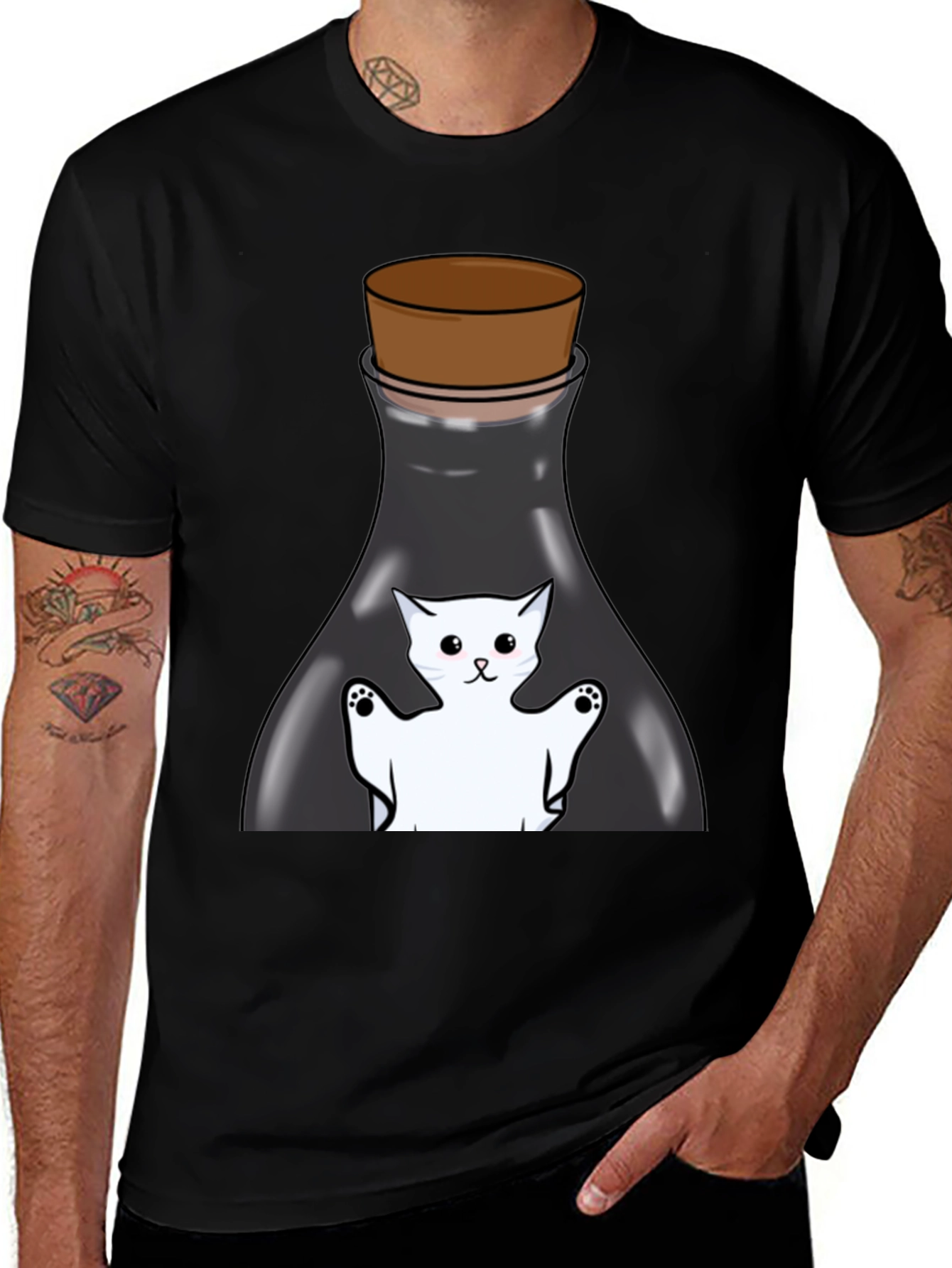 Cat in a Bottle Black T-Shirt
