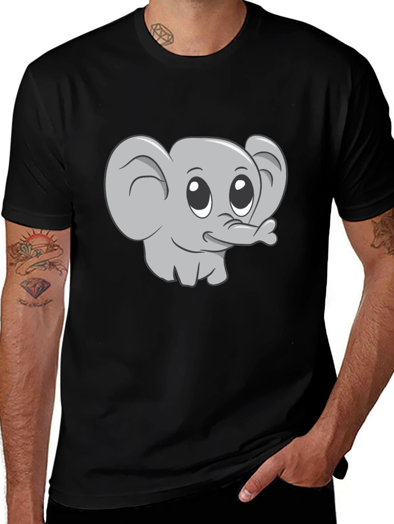 Variant 5 of Cute Cartoon Elephant Graphic Tee - Black