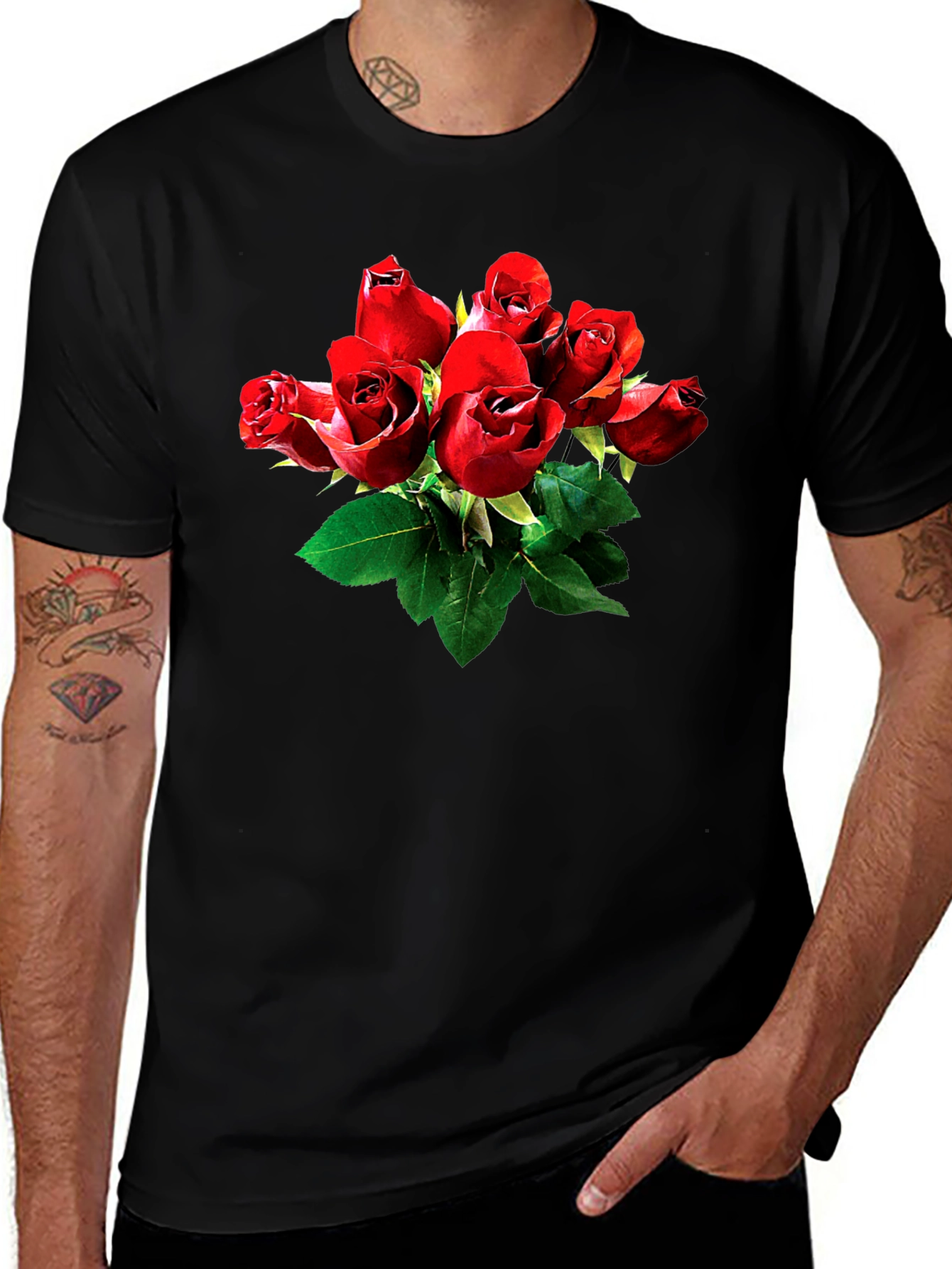 Variant 11 of Black T-Shirt with Red Rose Bouquet Graphic