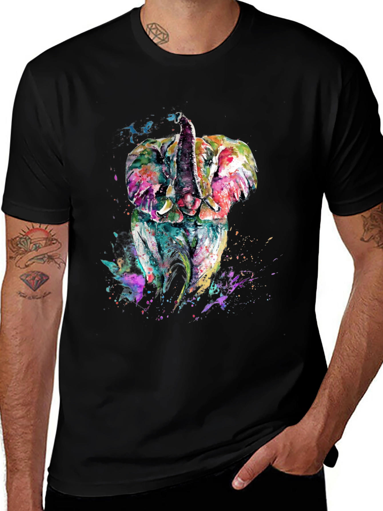 Variant 4 of Elephant Watercolor Graphic Tee - Men's Black T-Shirt