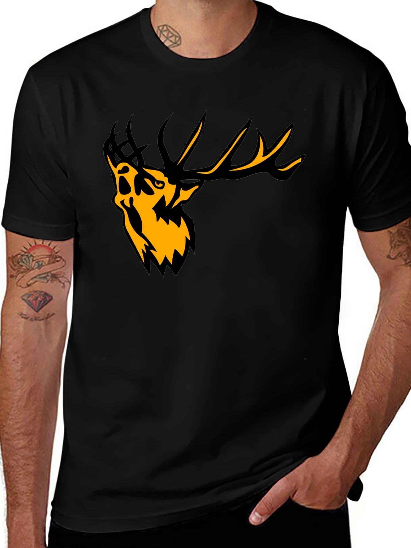 Variant 17 of Men's Black Graphic Tee - Abstract Deer Design