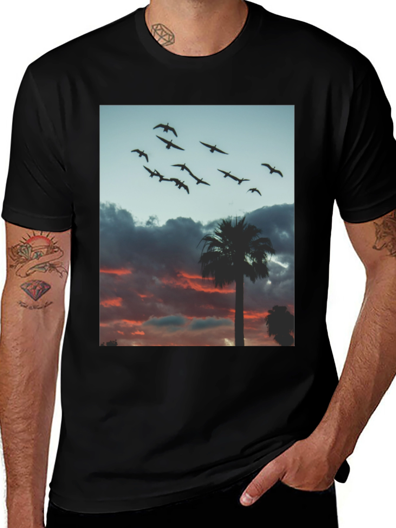 Variant 22 of Sunset Palm & Birds Graphic Tee - Soft Black Cotton