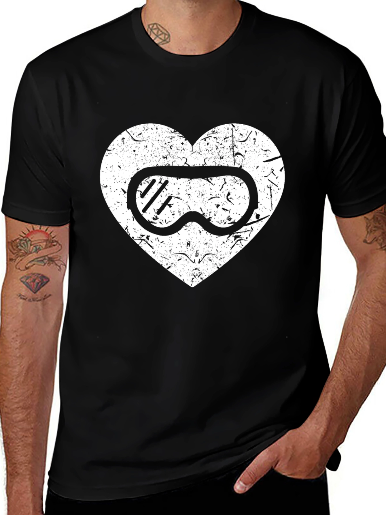 Variant 2 of Ski Goggles Heart Graphic Tee - Black Casual T-Shirt