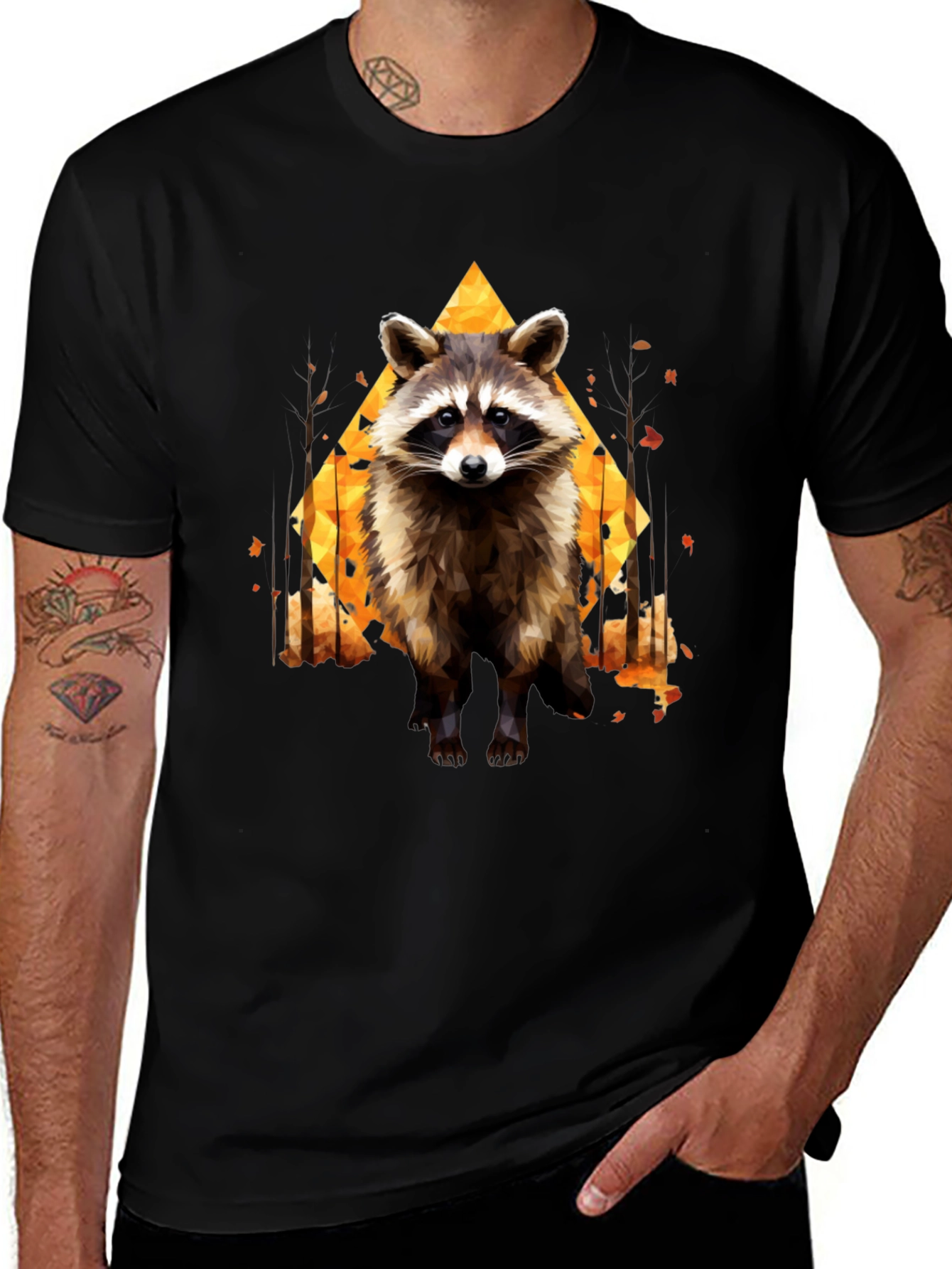Variant 27 of Raccoon Geometric Print Black T-Shirt