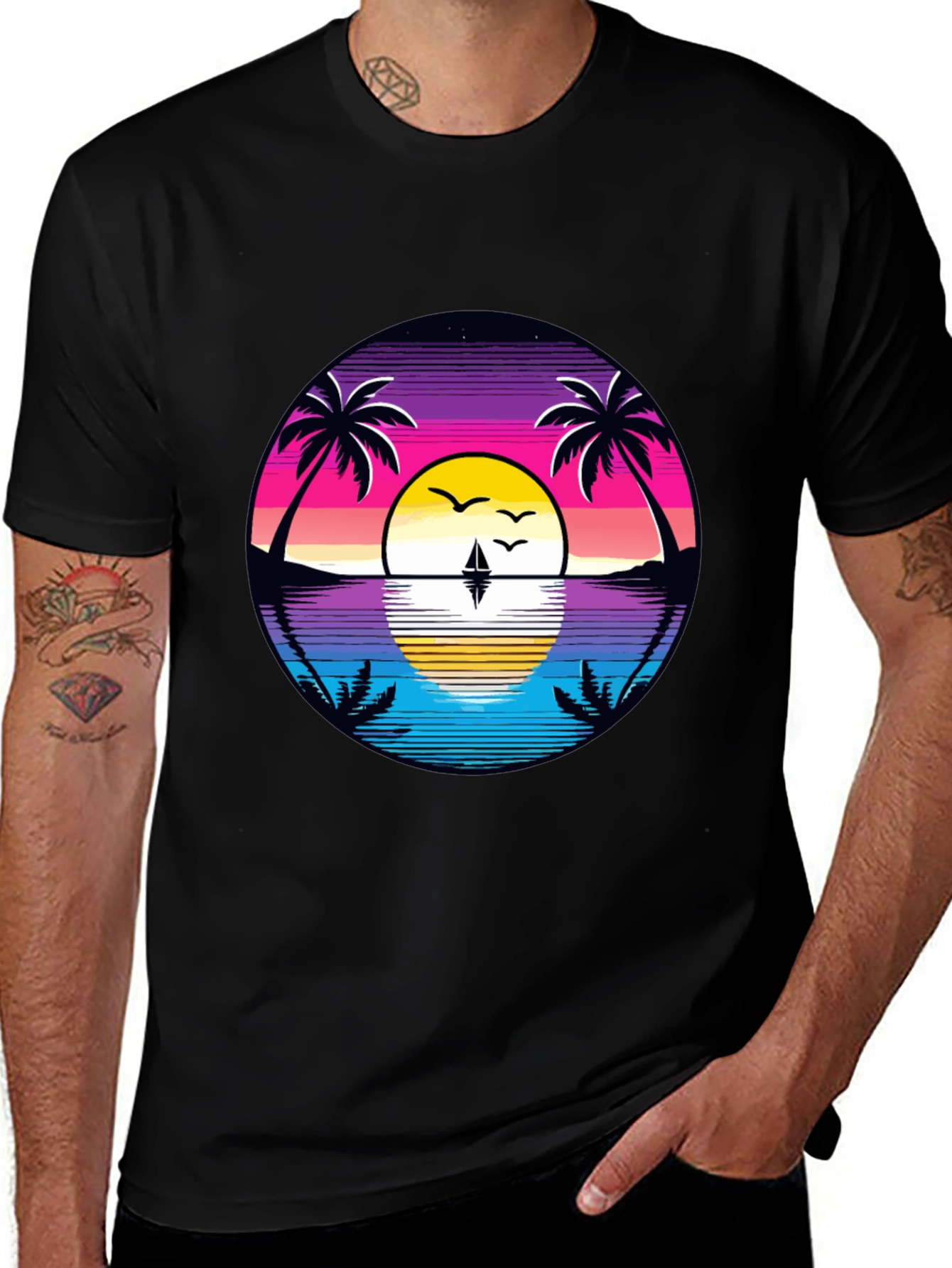 Variant 17 of Retro Sunset Palm Tee - Black Cotton Blend