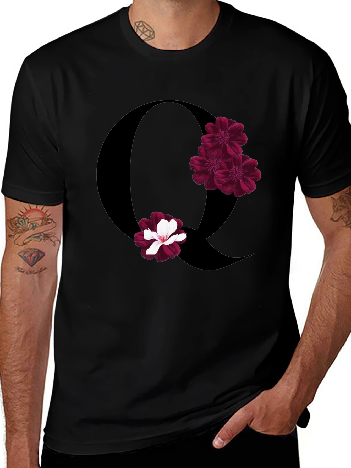 Variant 2 of Floral Letter Q Black T-Shirt