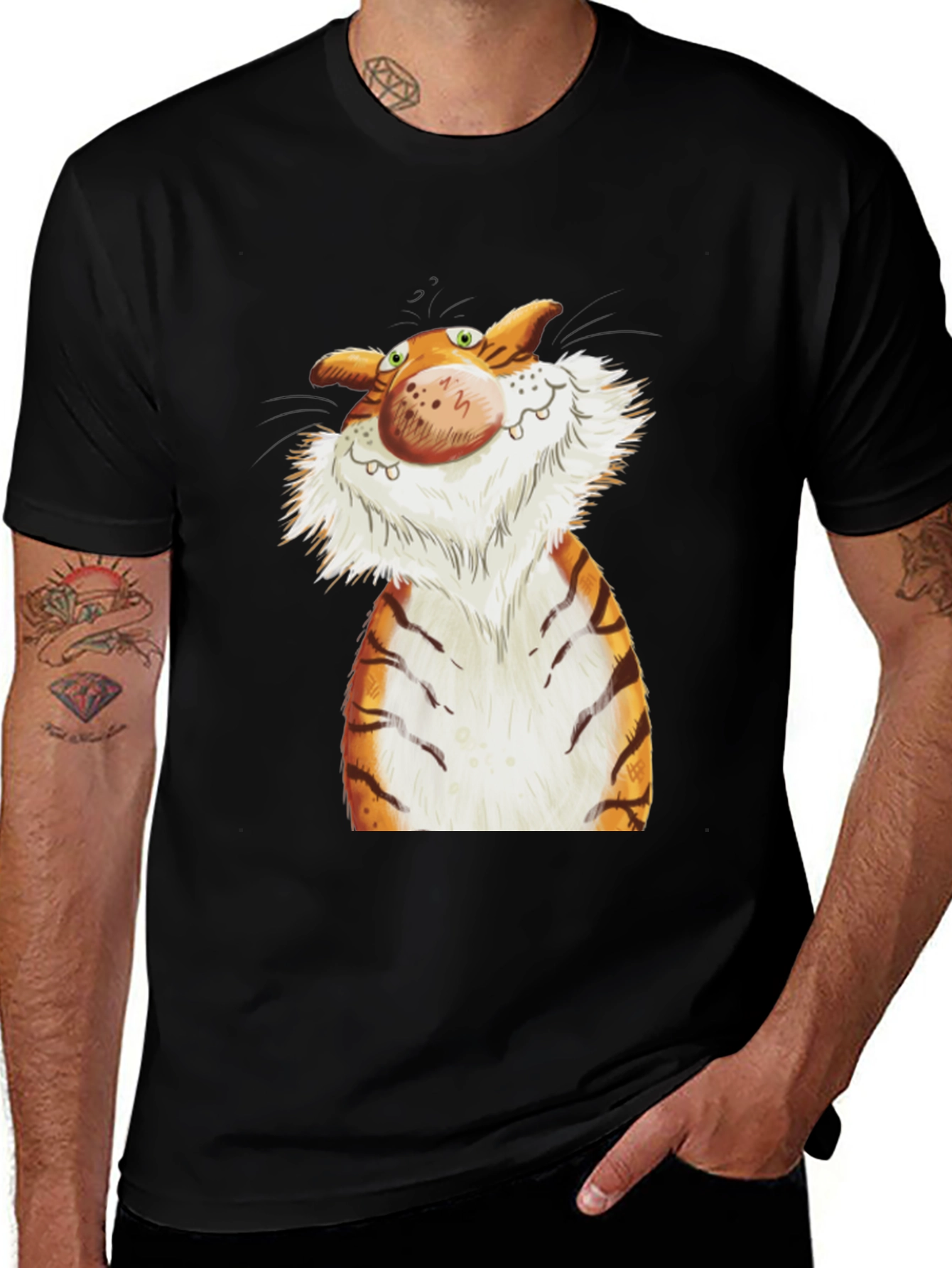 Variant 28 of Cartoon Tiger Graphic Tee - Black Cotton T-Shirt