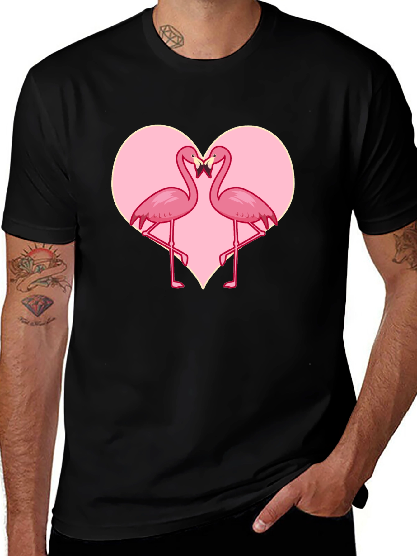 Variant 19 of Flamingo Heart Graphic Tee - Black Cotton Blend