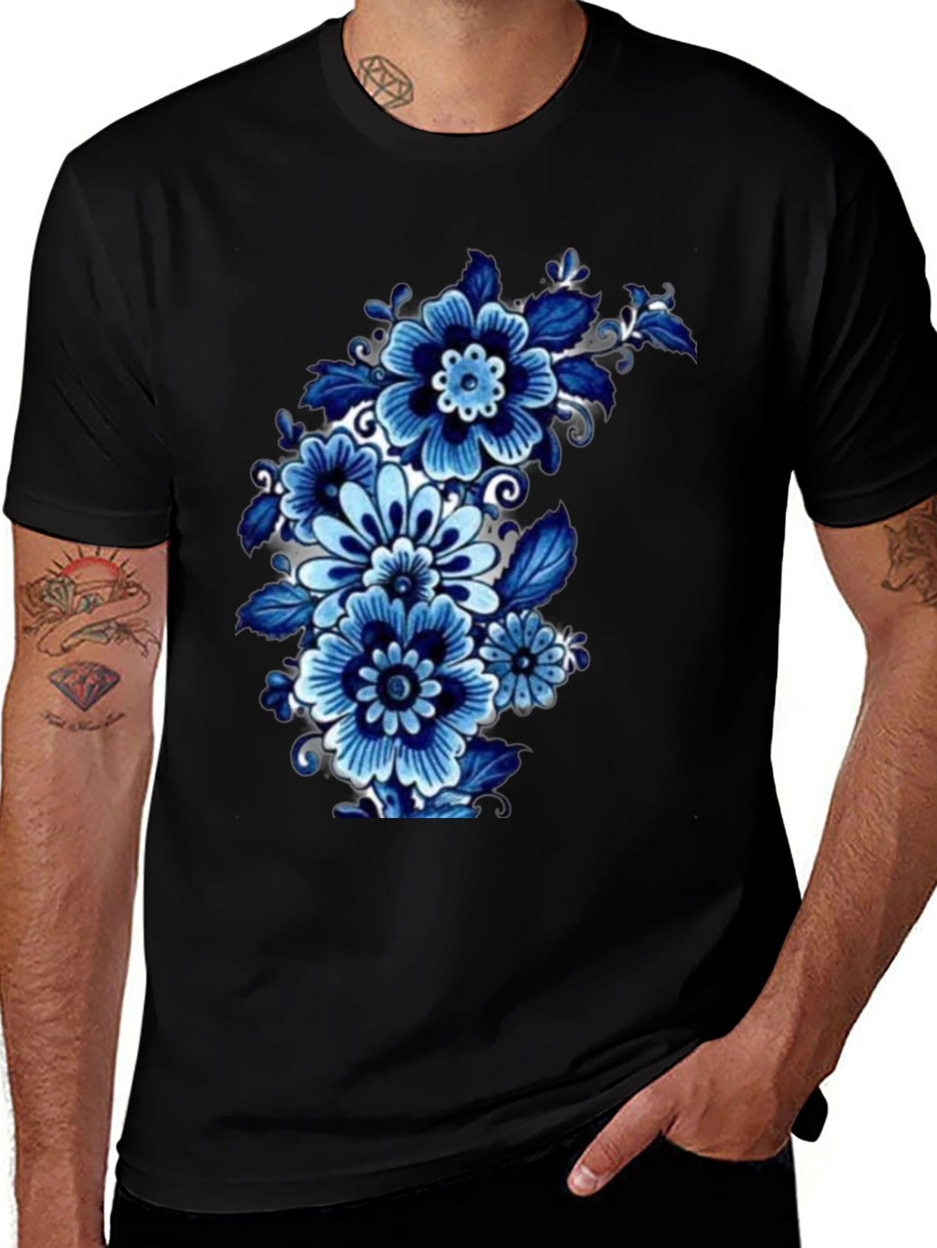 Variant 11 of Floral Blue Pattern Black T-Shirt