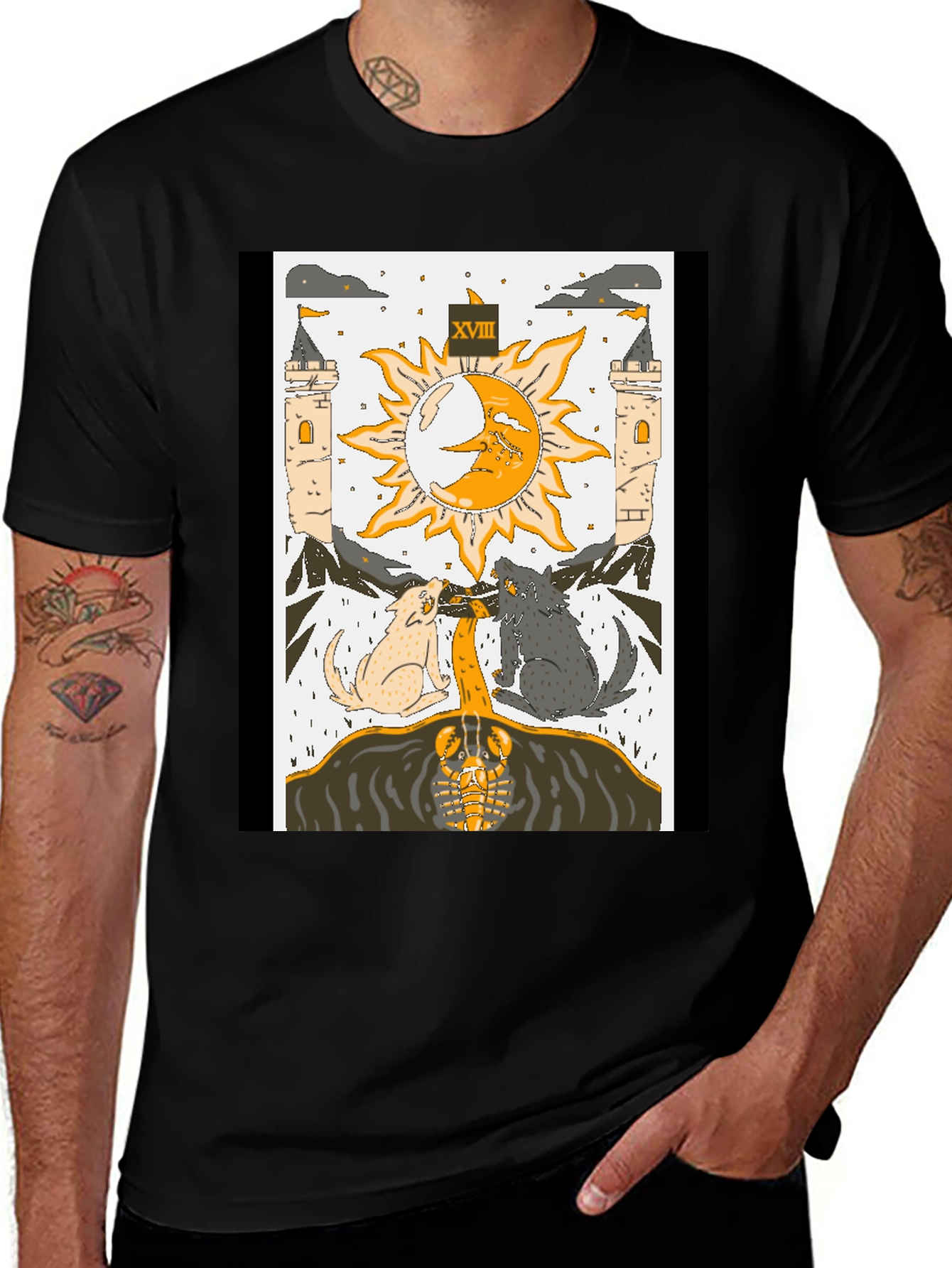 Black Moon Tarot Card T-Shirt - Lunar Wolves Design main image