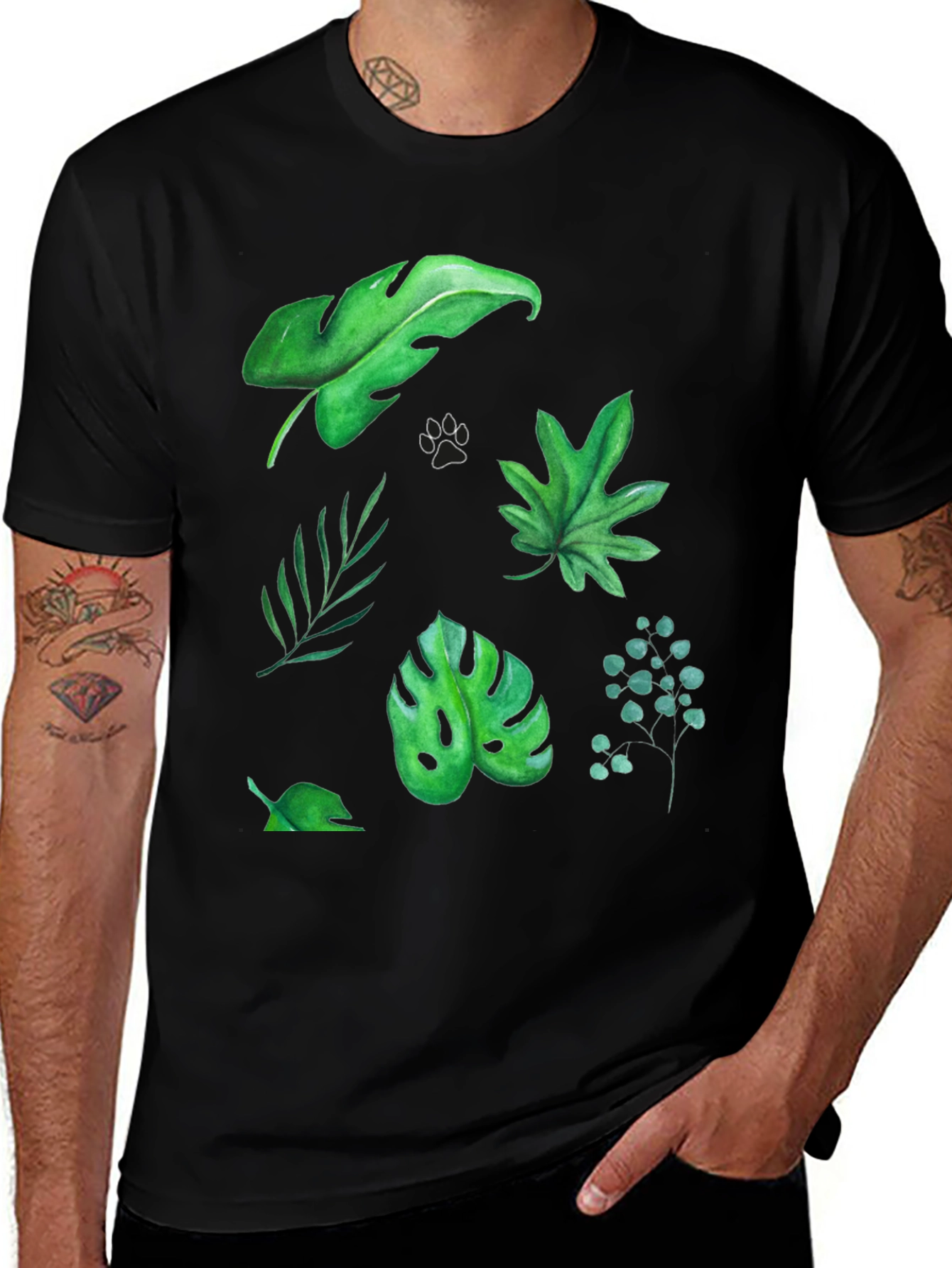 Variant 6 of Leaf Print Tee - Black Cotton T-Shirt