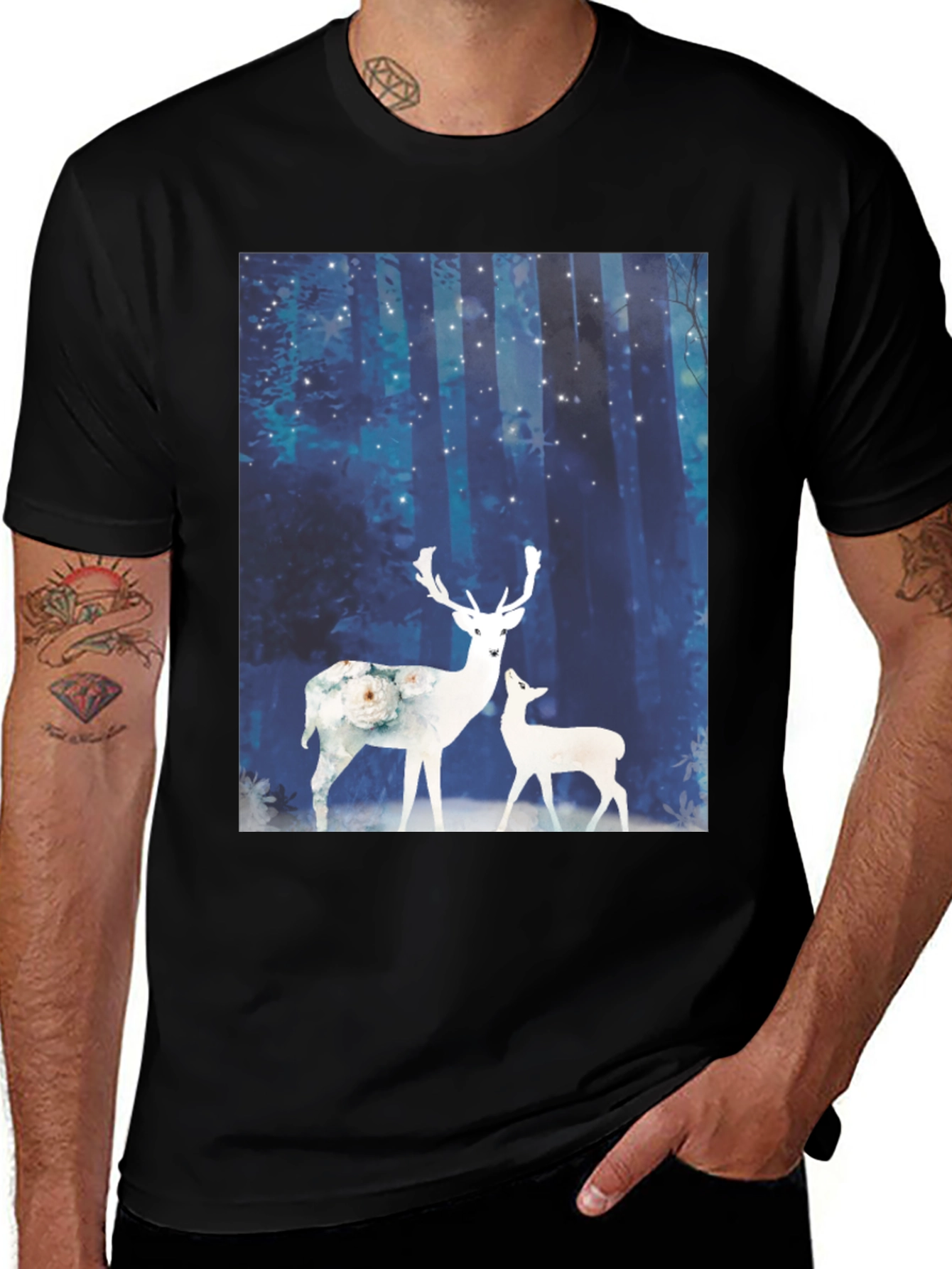 Variant 21 of Deer Forest Print Black T-Shirt
