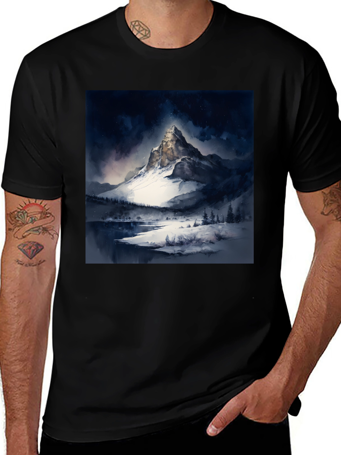 Snow Mountain Print Black T-Shirt