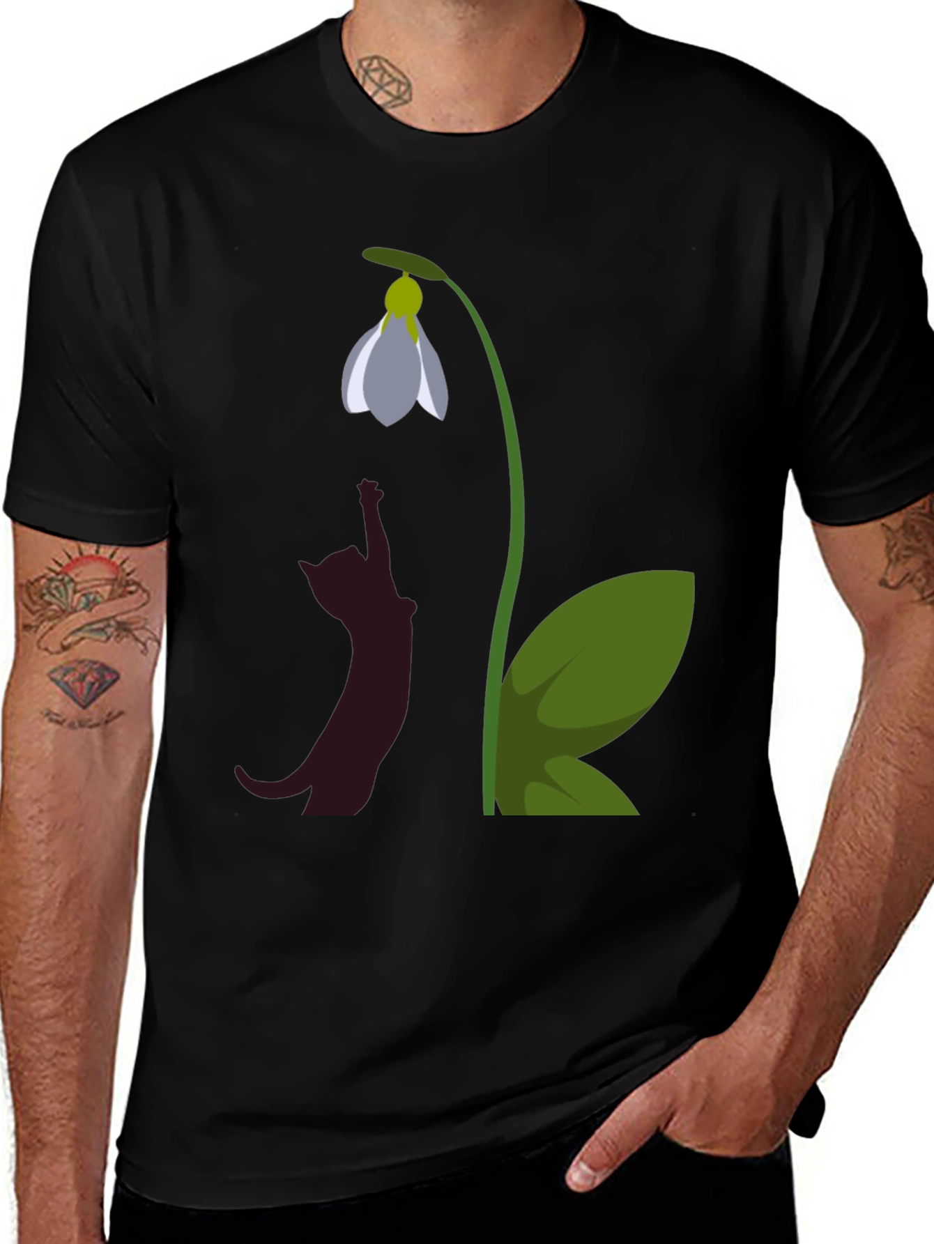 Variant 30 of Whimsical Cat & Flower Graphic Tee - Black Cotton Casual
