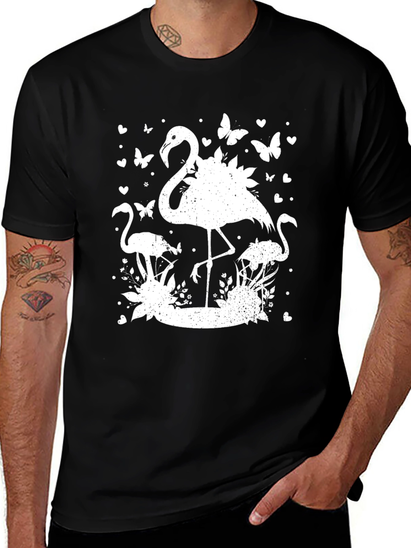 Flamingo Butterfly Heart Print Black T-Shirt