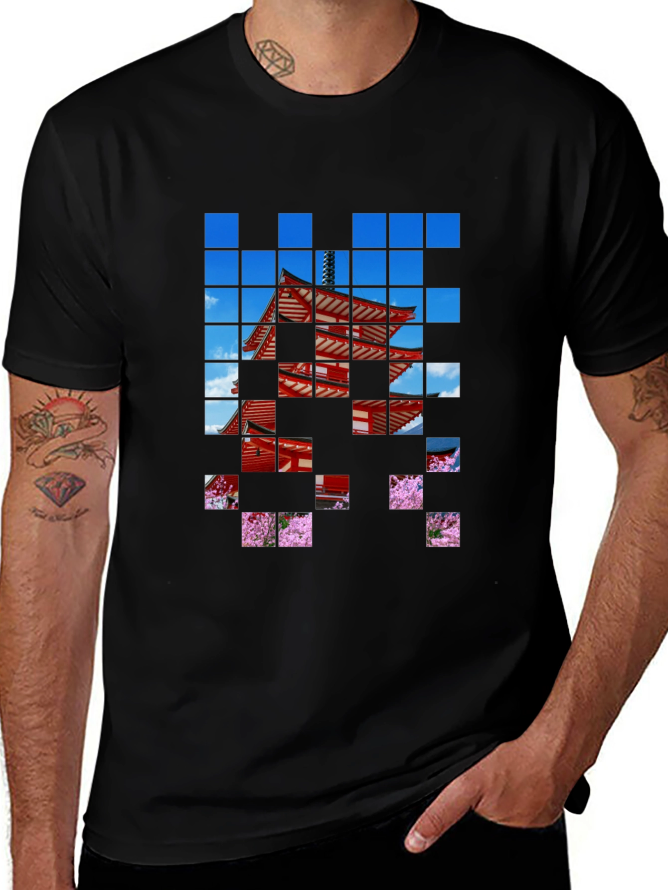 Variant 23 of Pagoda Pixel Art Black T-Shirt