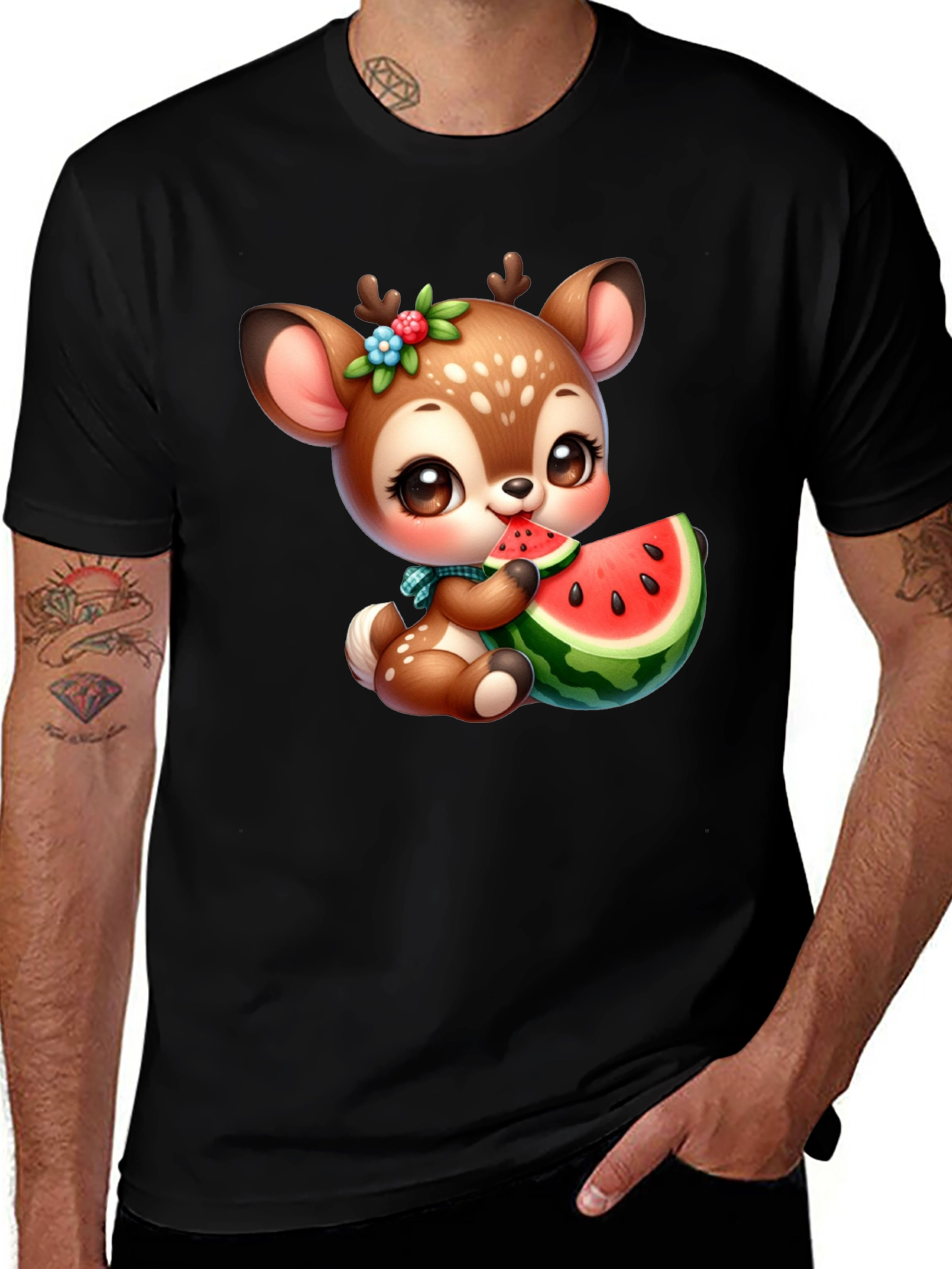 Variant 10 of Cute Deer Watermelon Graphic Tee - Unisex Black T-Shirt