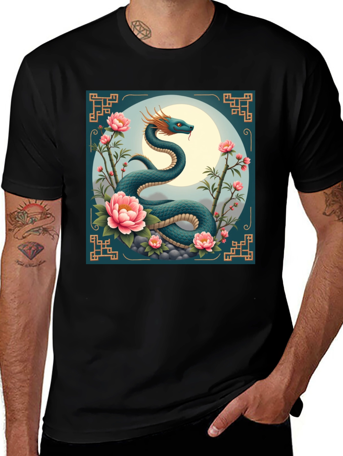 Variant 20 of Dragon and Peonies Graphic Tee - Black