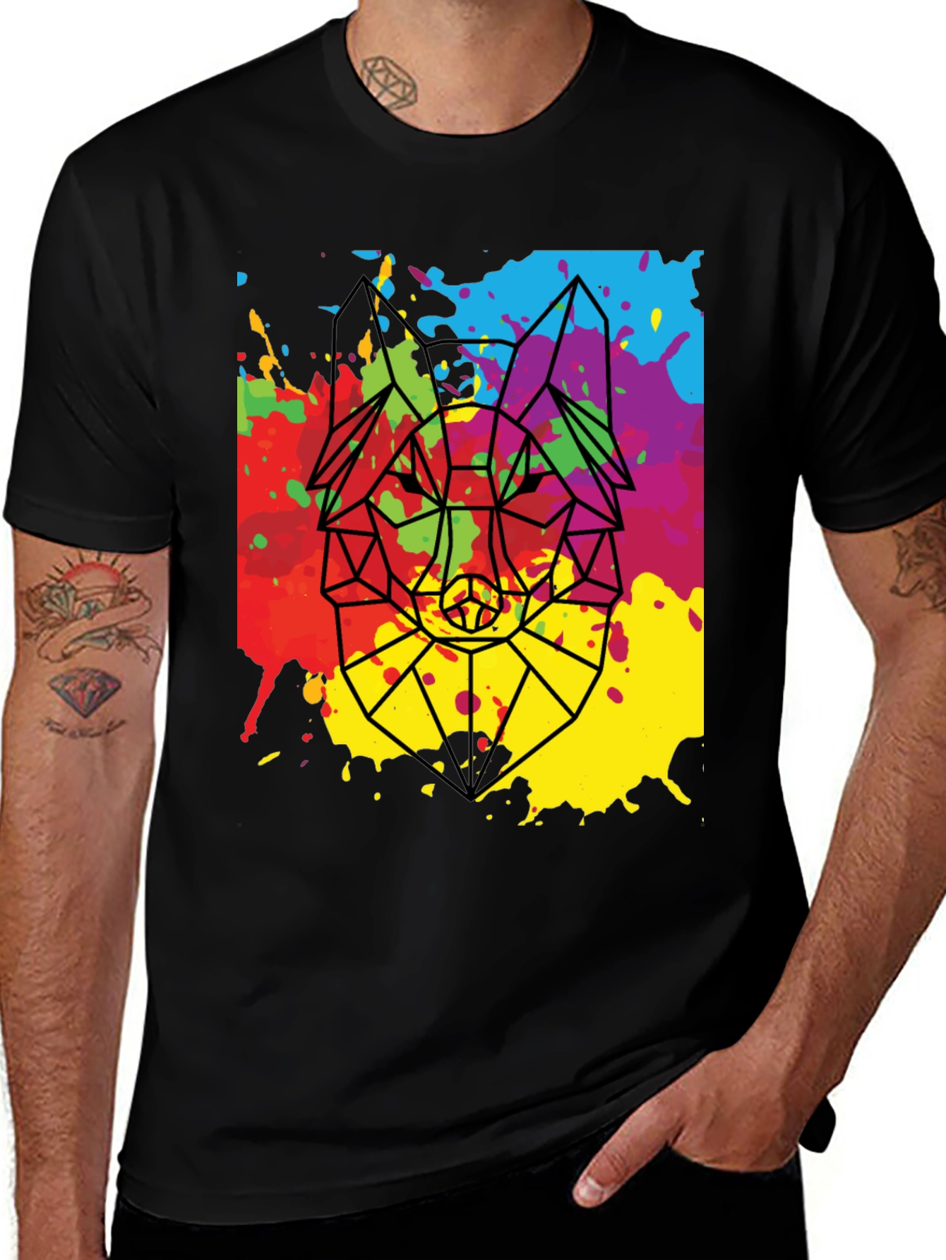 Variant 10 of Geometric Wolf Graphic Tee - Men's Black T-Shirt