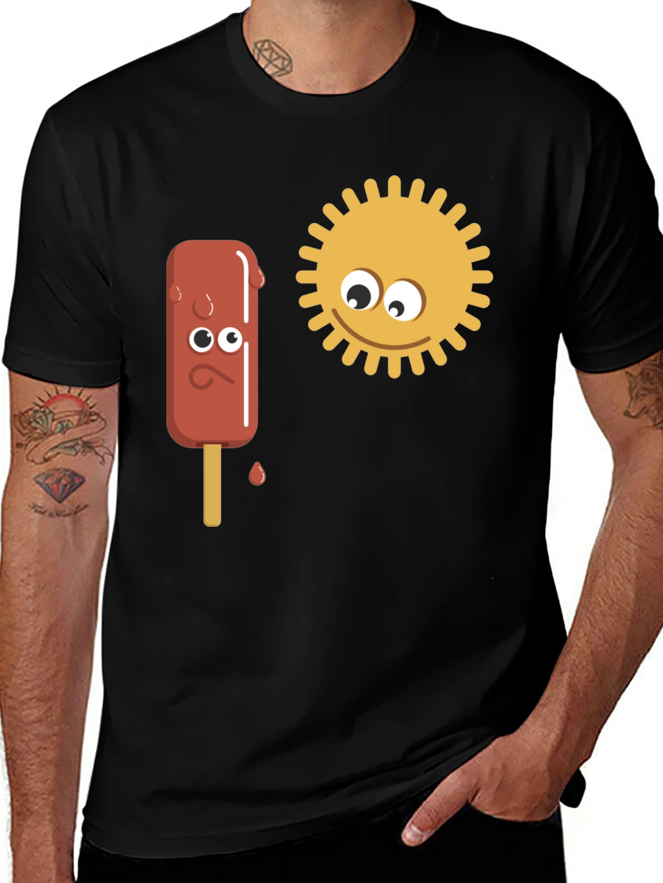 Variant 28 of Funny Cartoon Sun & Ice Cream Men's Black T-Shirt