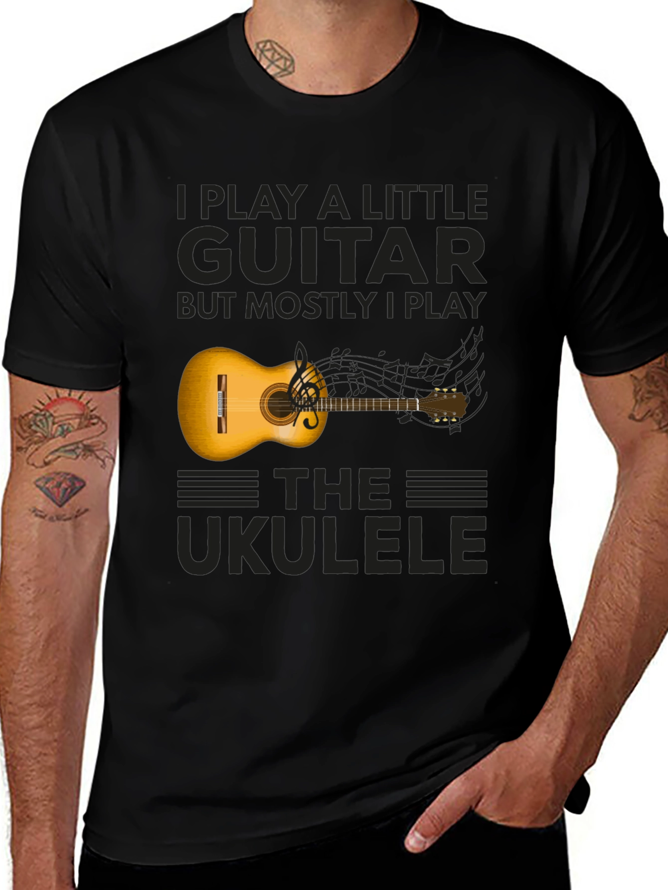 Variant 9 of Ukulele Player T-Shirt: I Play Guitar, But Mostly Ukulele