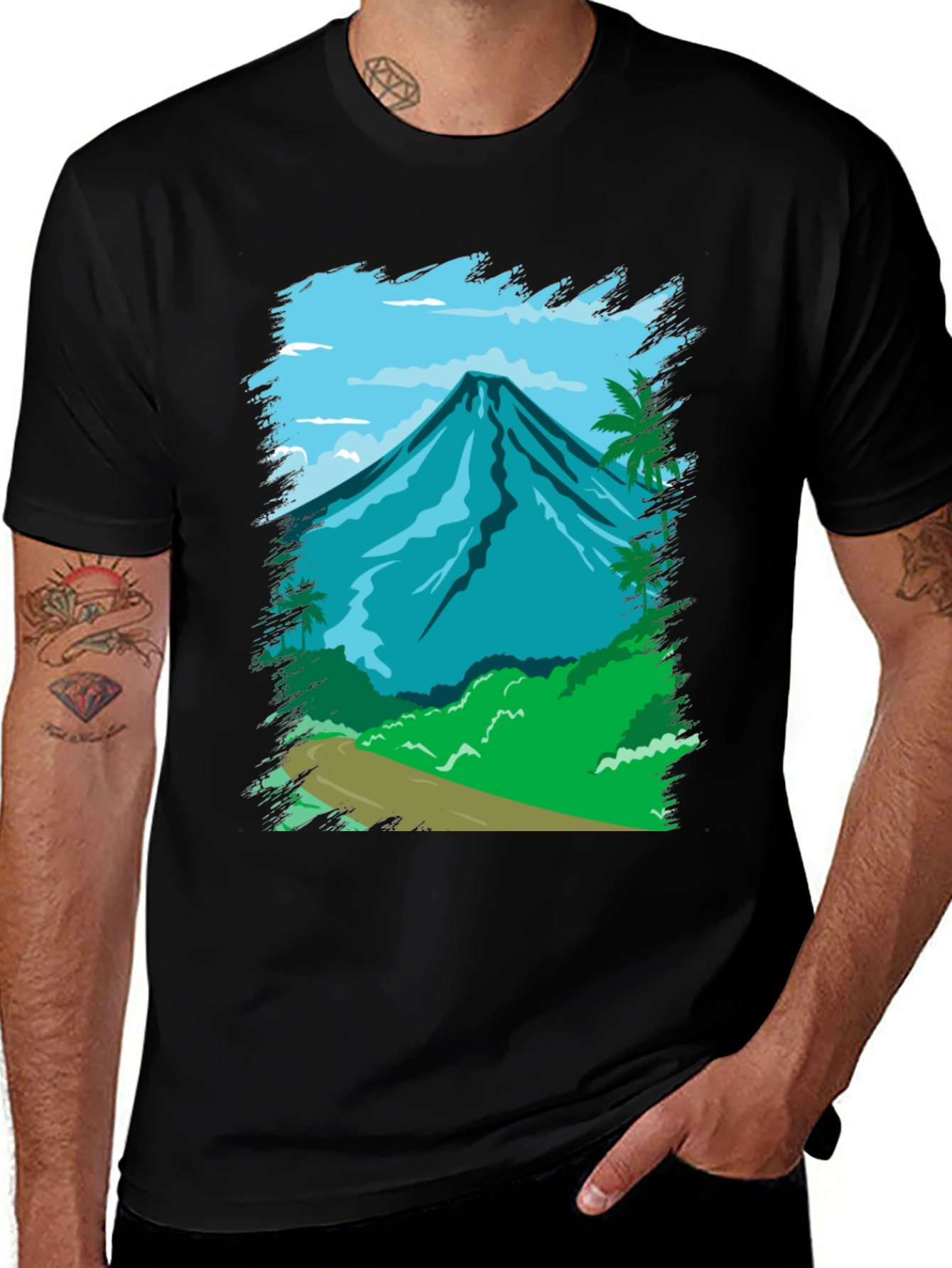 Variant 24 of Tropical Mountain Graphic Tee - Black Cotton Shirt