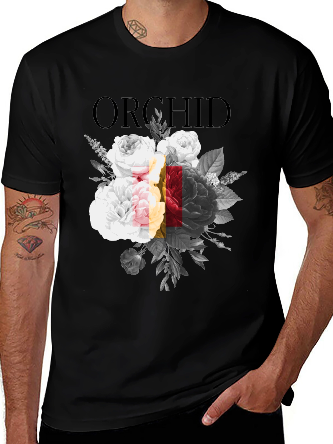Variant 6 of Orchid Floral Print Black Graphic T-Shirt