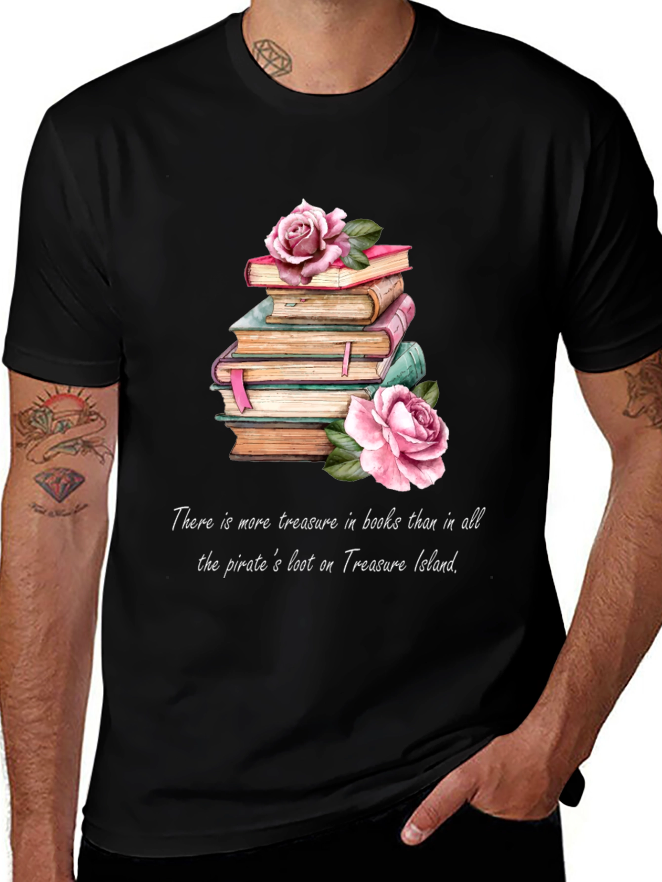 Variant 8 of Book Lover T-Shirt - Roses & Treasure Island Quote